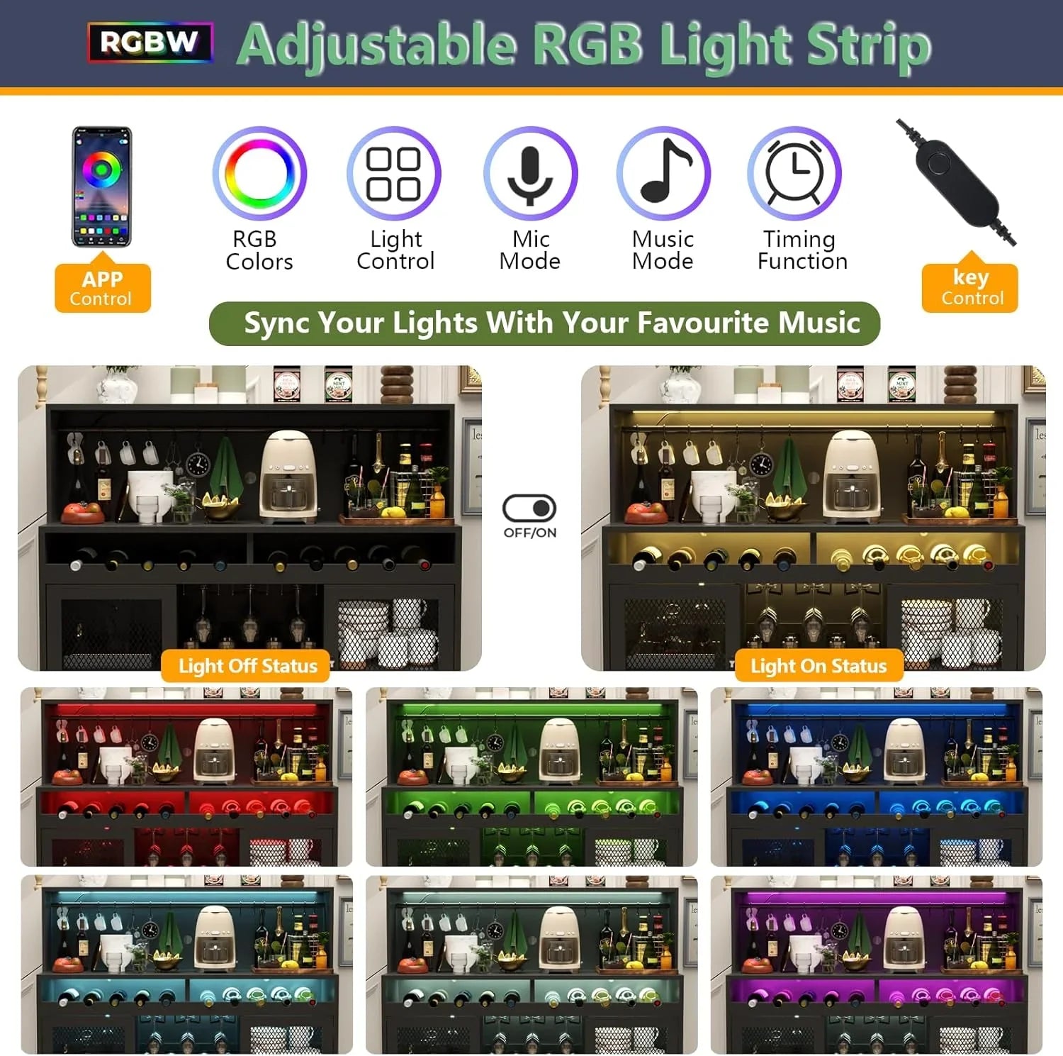 Bar à vin avec éclairage LED, meuble à liqueur avec porte-verres, bar à café pour liqueurs, buffet de rangement avec casiers à vin, armoire à vin