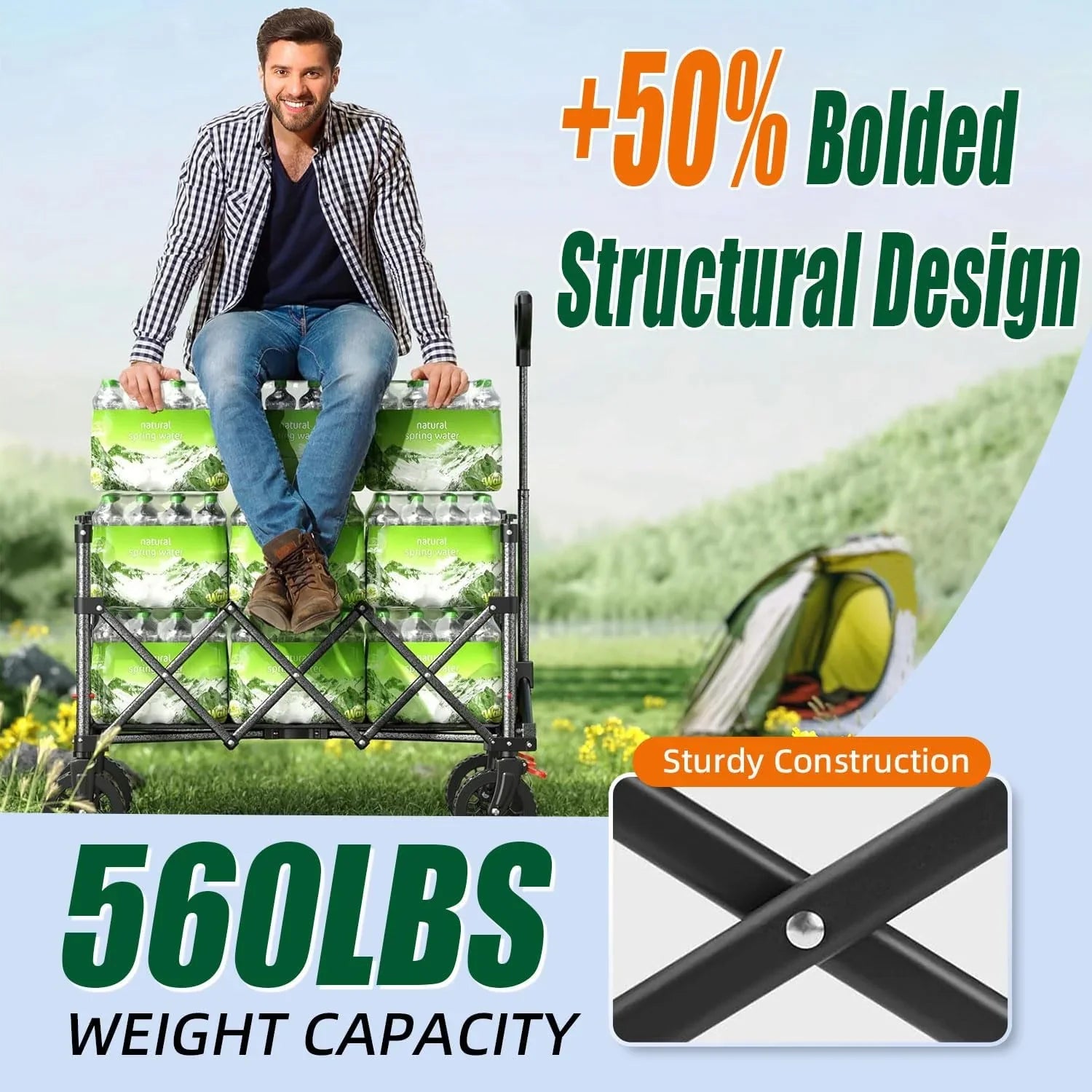 Chariot pliable à 4 roues, pliable, 37 pouces de long, capacité de 480 lb, chariot de plage robuste, chariot de courses avec roues