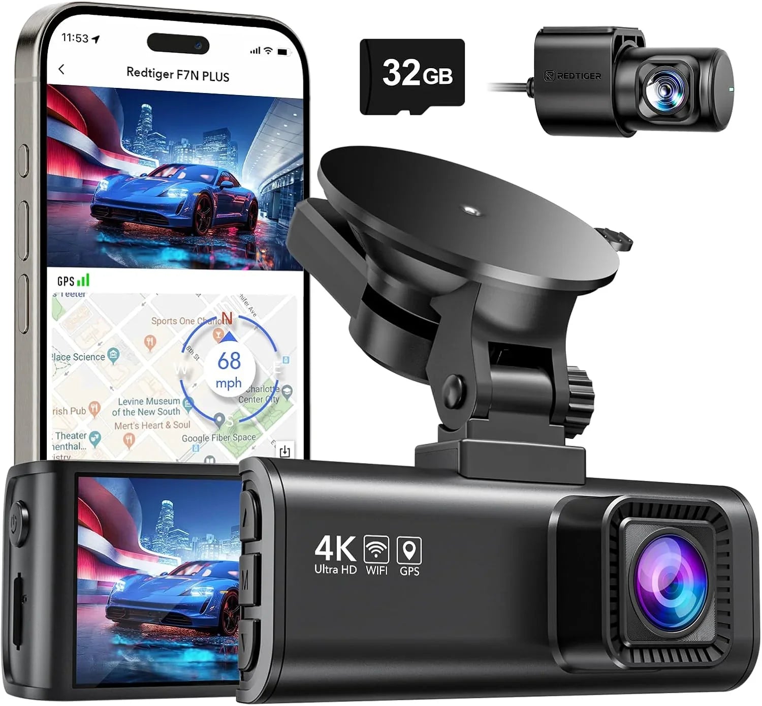 Caméra embarquée avant/arrière, Full HD 4K/2,5K pour voiture, carte 32 Go incluse, Wi-Fi/GPS intégré, écran IPS 3,16 pouces, vision nocturne, grand angle 170°, WDR, mode stationnement 24h/24 (F7NP)