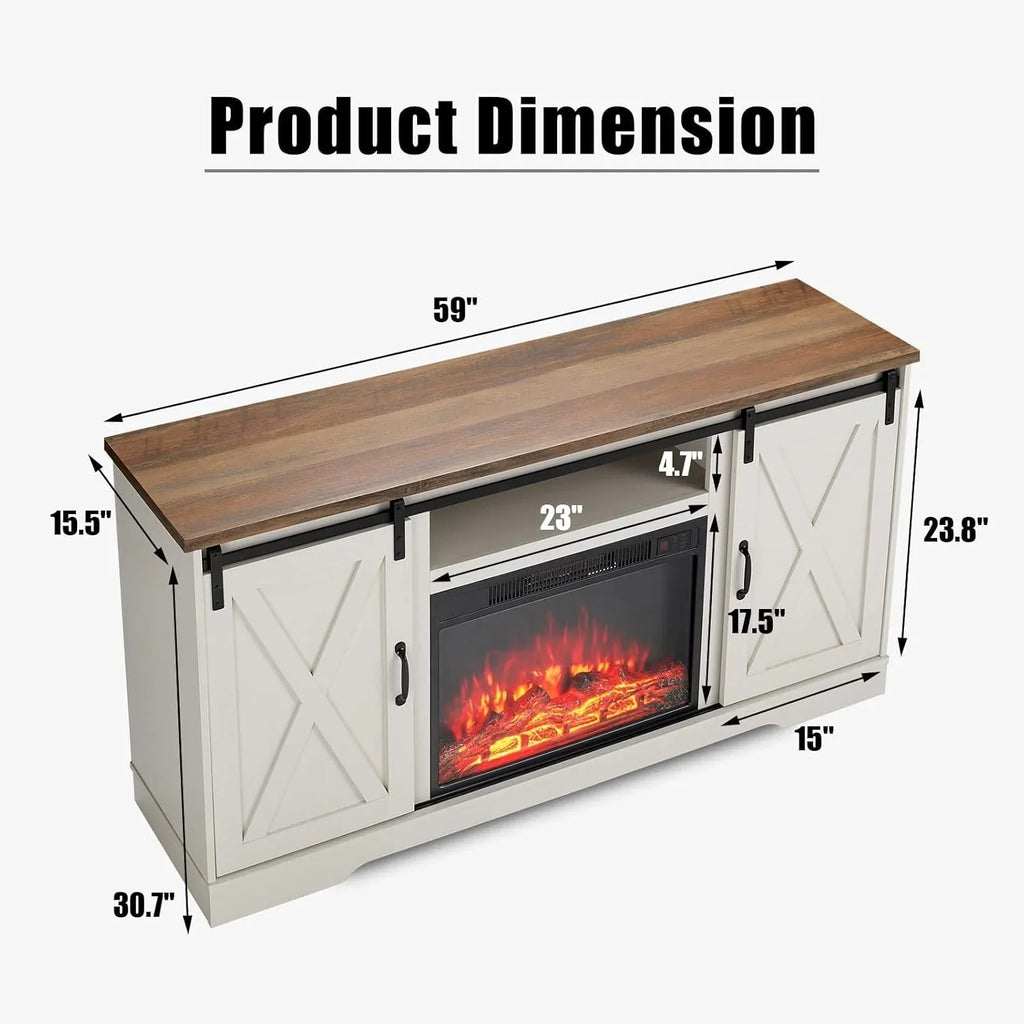 Meuble TV avec cheminée AMERLIFE et portes coulissantes style grange, compatible avec les téléviseurs jusqu'à 73 pouces, centre de divertissement avec cheminée de style ferme