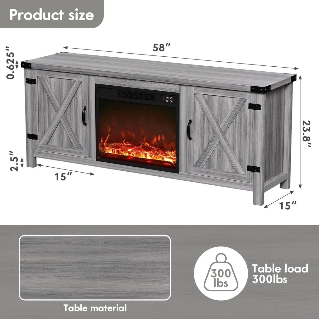 YESHOMY tv-meubel met open haard en twee schuifdeuren, opbergkasten voor tv's tot 65 inch en groter, entertainmentmeubel, mediameubel voor de woonkamer, 58 inch 