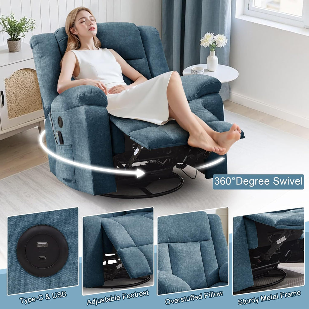 Fauteuil à bascule pour adulte, fauteuil inclinable coulissant, fauteuil à bascule rotatif à 360° avec fonction massage et chauffage