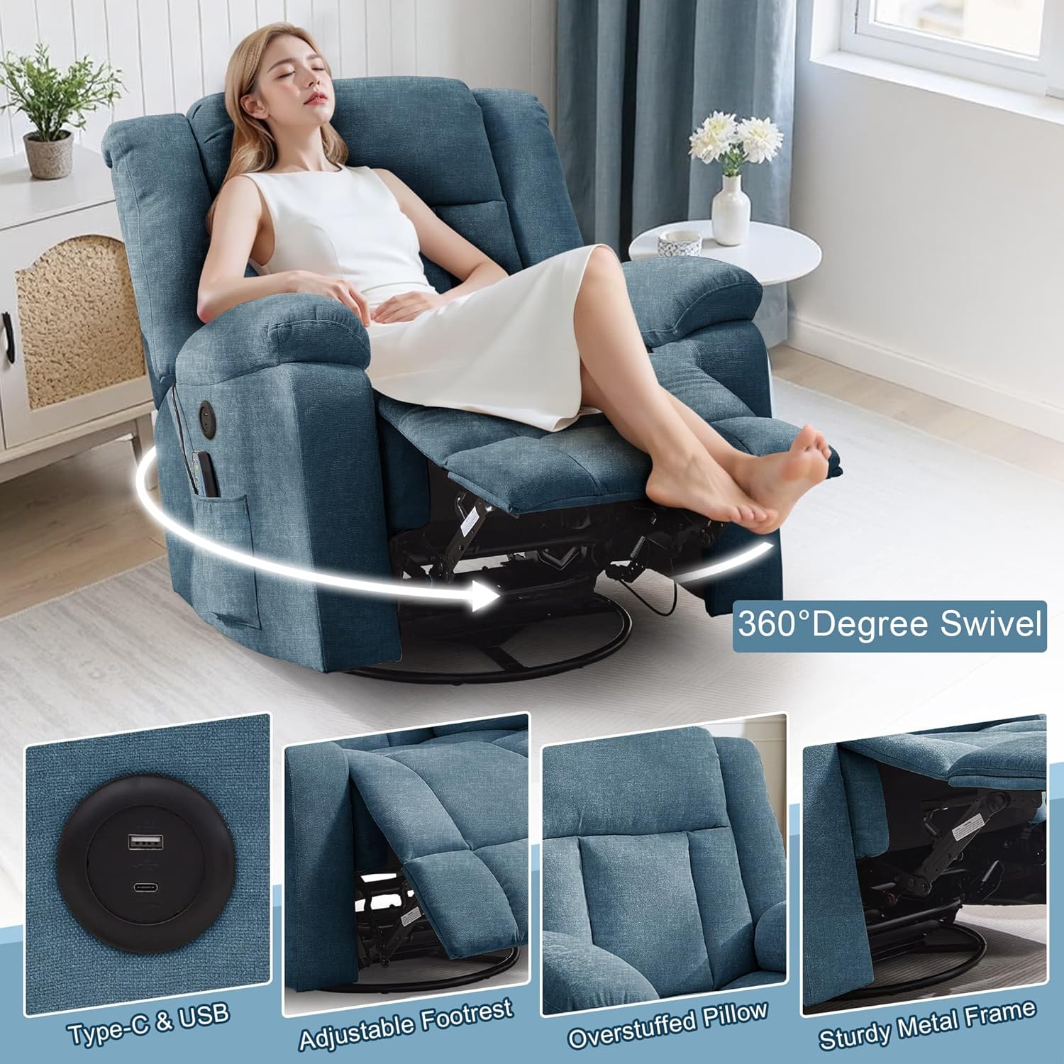 Fauteuil à bascule pour adulte, fauteuil inclinable coulissant, fauteuil à bascule rotatif à 360° avec fonction massage et chauffage