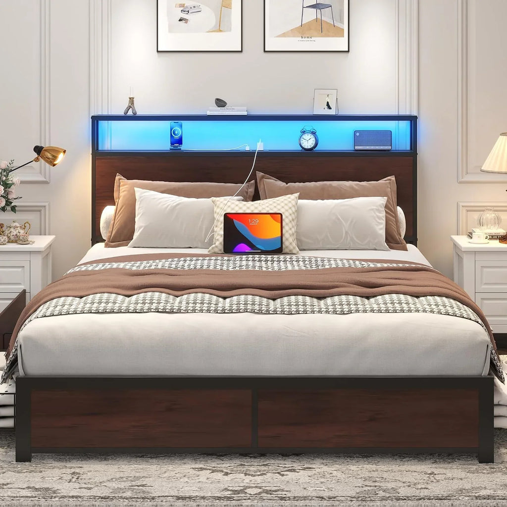 Cadre de lit Queen Lifezone avec tête de lit double et plateau de rangement en métal