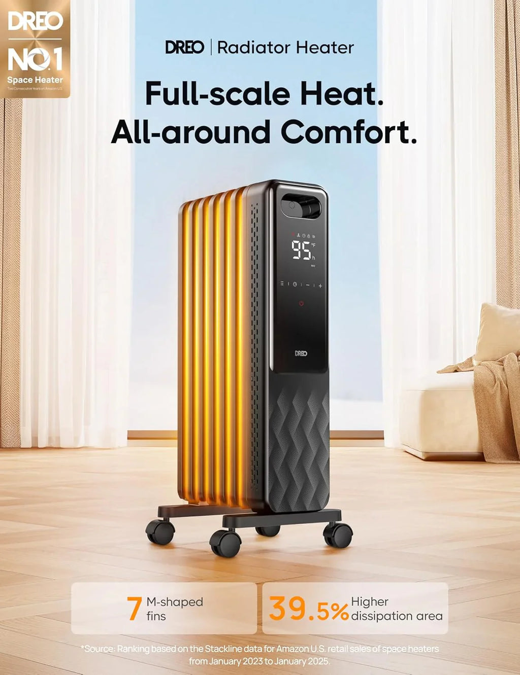 Radiateur radiant électrique d'intérieur avec protection contre la surchauffe et le basculement, thermostat numérique, radiateur à bain d'huile