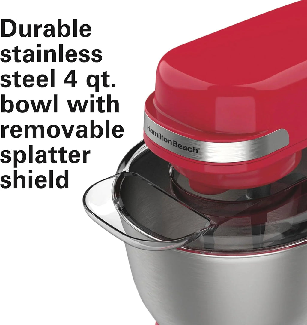 Batteur sur socle électrique Hamilton Beach, 4 litres, crochet pétrisseur, batteur plat, protection anti-éclaboussures, 7 vitesses avec fouet