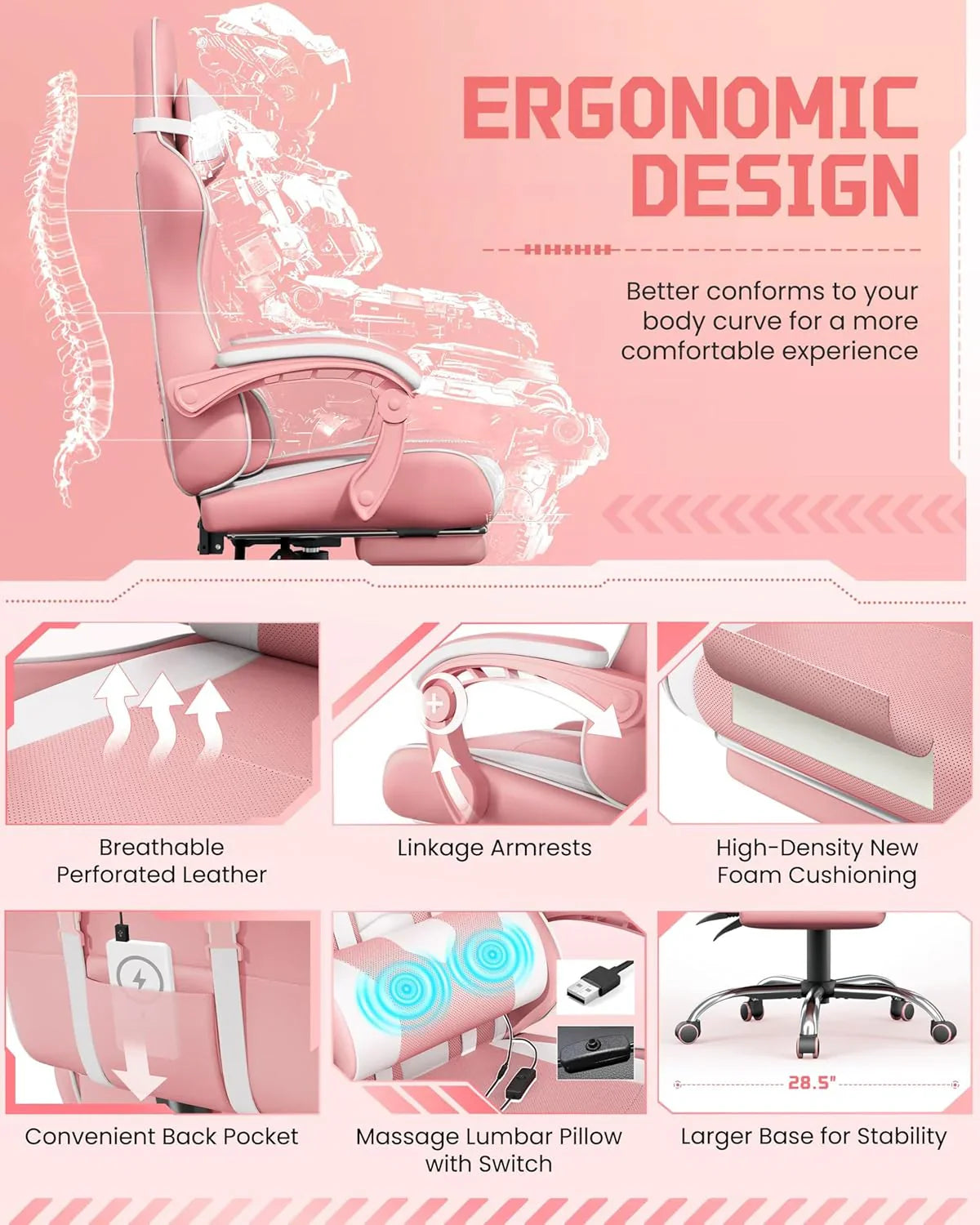 Chaise de jeu avec support lombaire massant et repose-pieds en hauteur Chaise de jeu de bureau