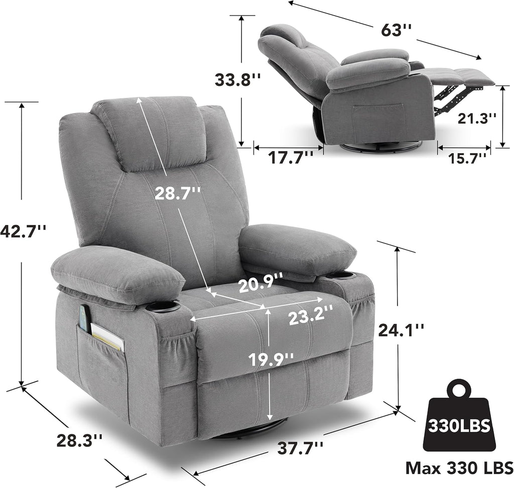 Grand fauteuil inclinable pivotant à bascule avec fonction chauffage et massage, canapé simple pivotant à 360 degrés