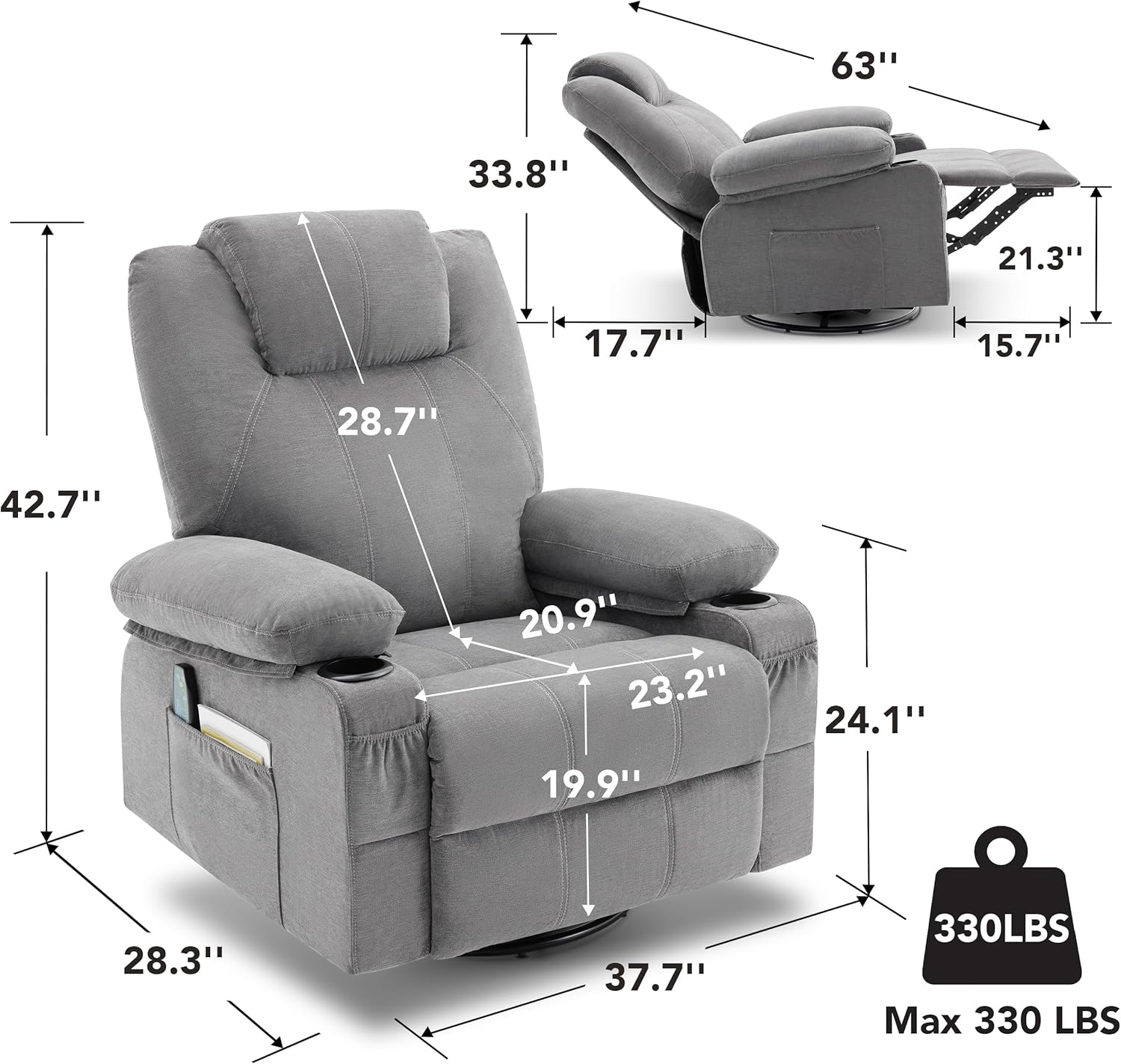 Grand fauteuil inclinable pivotant à bascule avec fonction chauffage et massage, canapé simple pivotant à 360 degrés