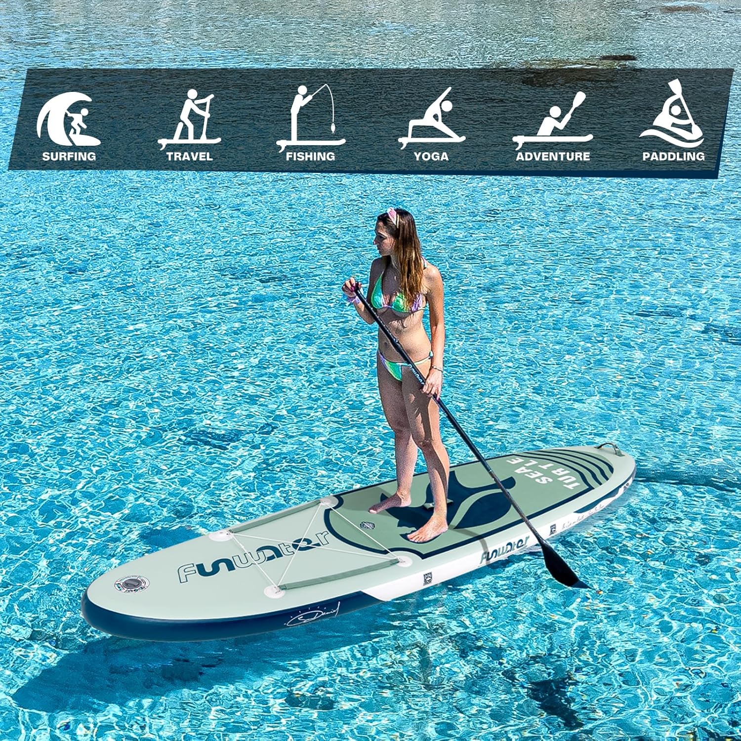 Planche de stand up paddle gonflable FunWater avec accessoires de pagaie SUP haut de gamme, pont EVA antidérapant, pagaie 11'/10'6'
