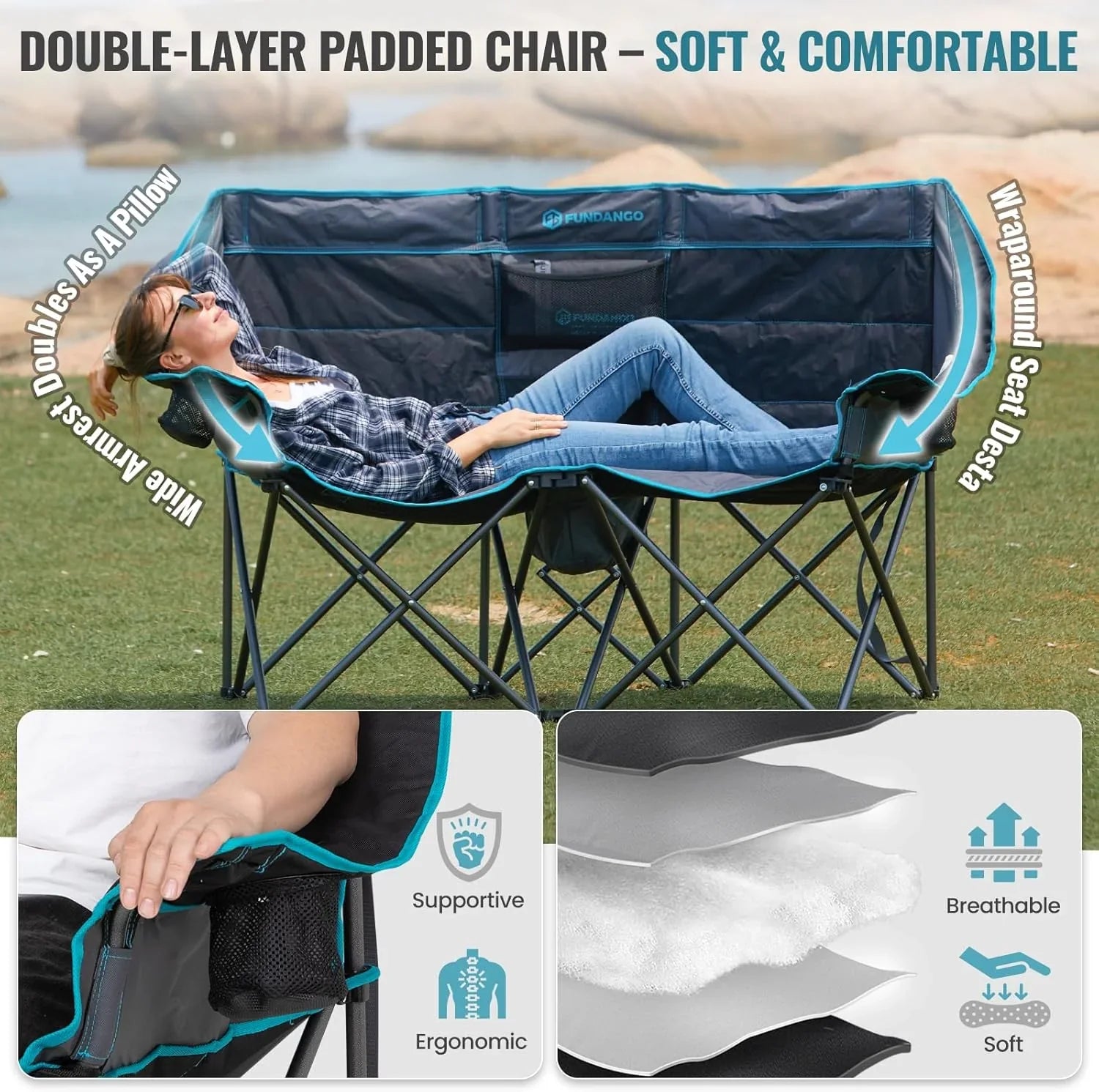 Chaise de camping double avec glacière Chaise de camping pliante extra large pour 3 personnes avec capacité de charge de 1 000 livres