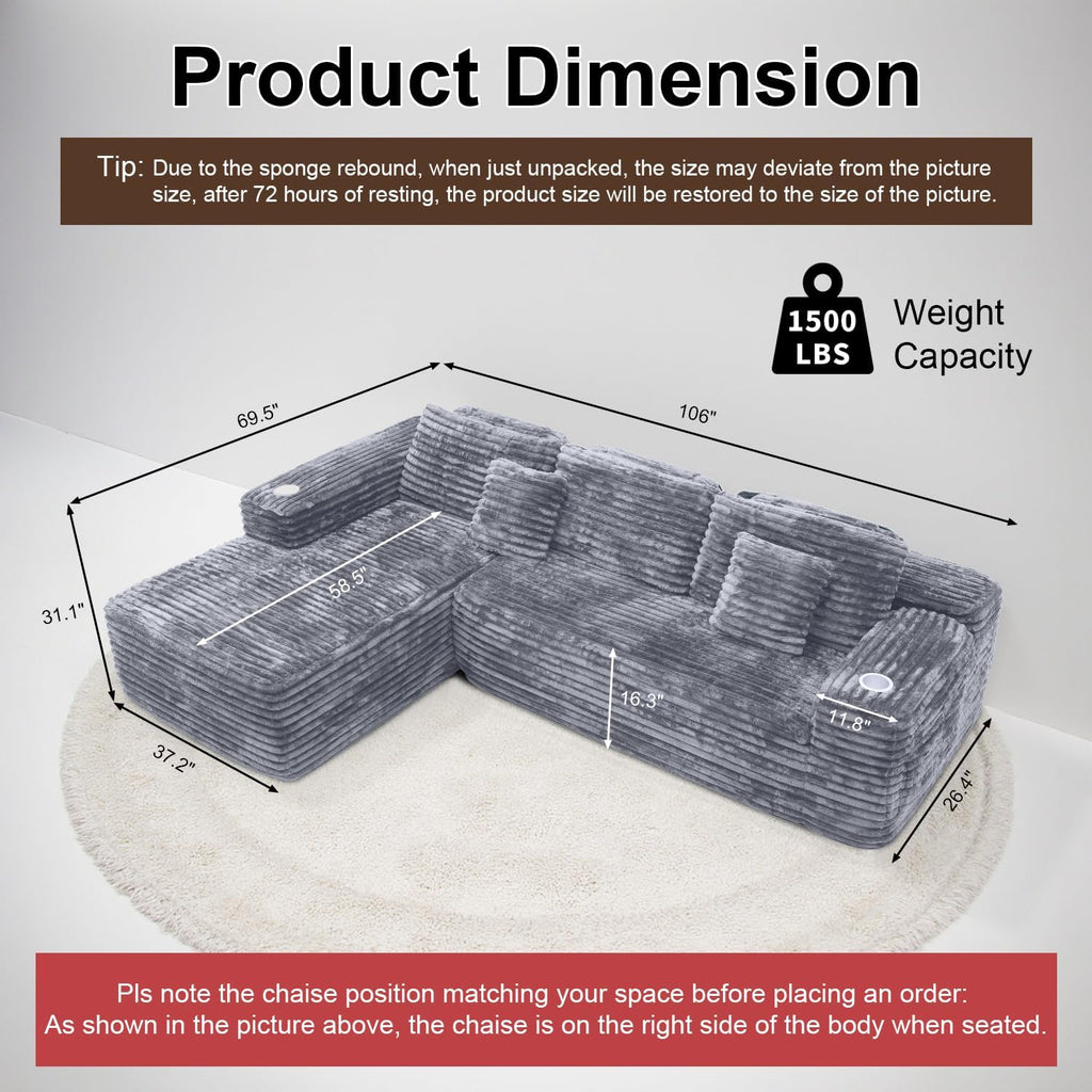 Cloud section sofa with L-shaped recliner, modern modular sofa, built-in cup holder