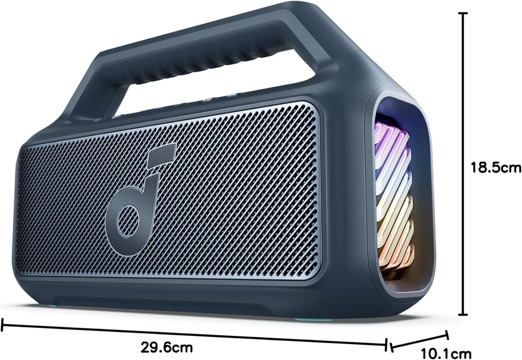 Enceinte d'extérieur, 80 W, caisson de basses, BassUp 2.0, autonomie de 24 heures, étanchéité IPX7, flotte, lumières RVB, USB-C