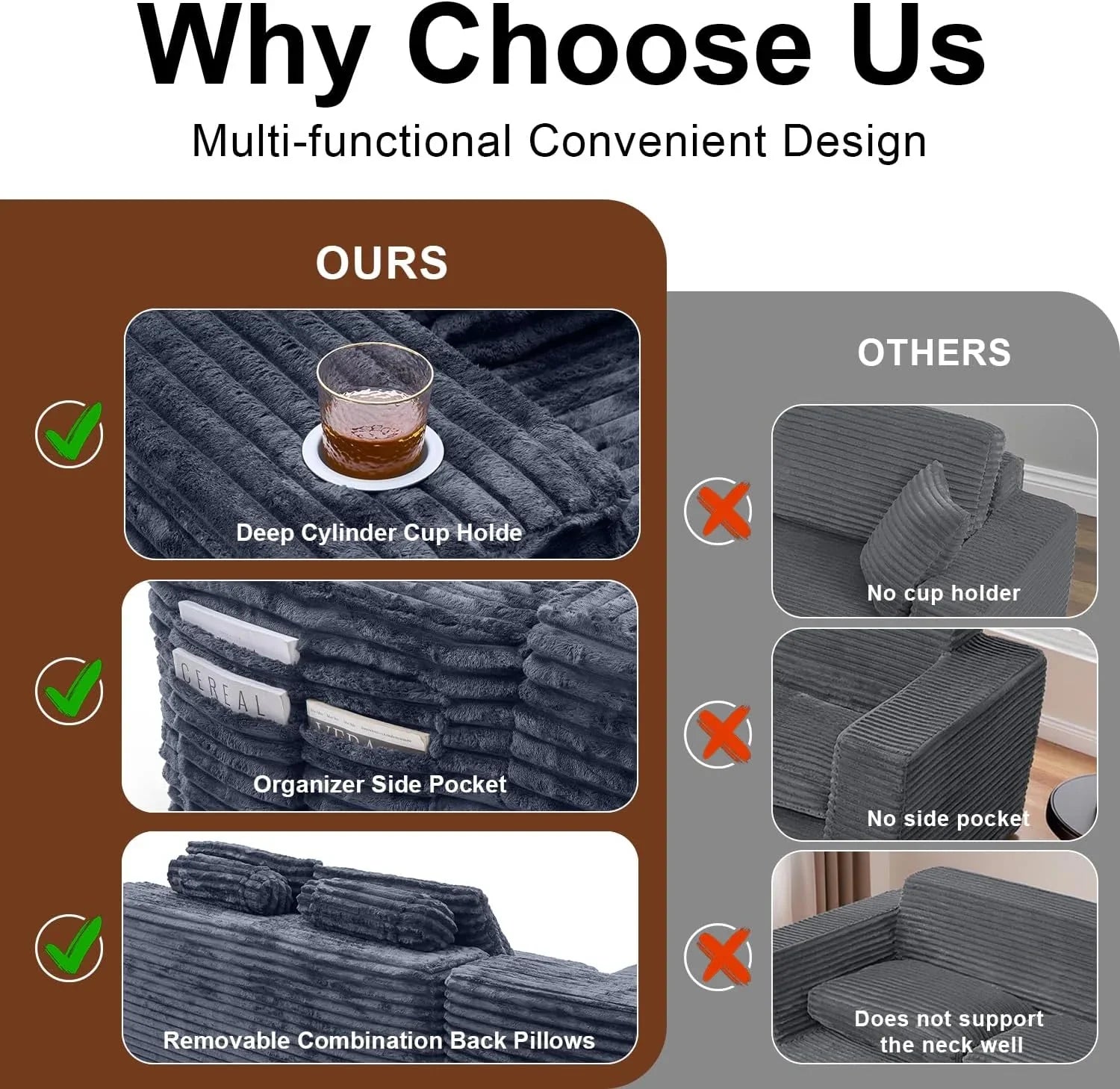 Cloud section sofa with L-shaped recliner, modern modular sofa, built-in cup holder