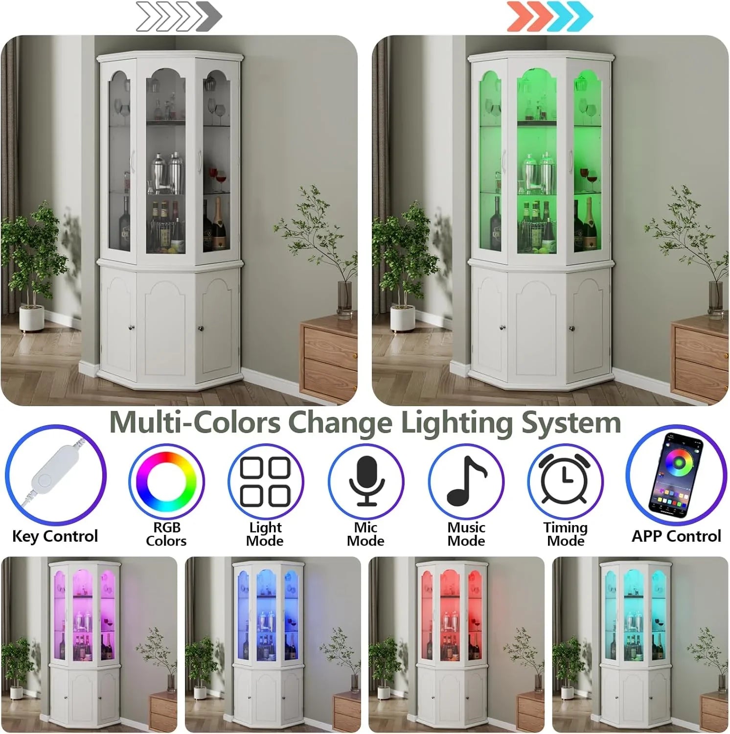 Armoire à vin d'angle avec éclairage LED, grande armoire à vin moderne, armoire de rangement à vin pour bar à domicile