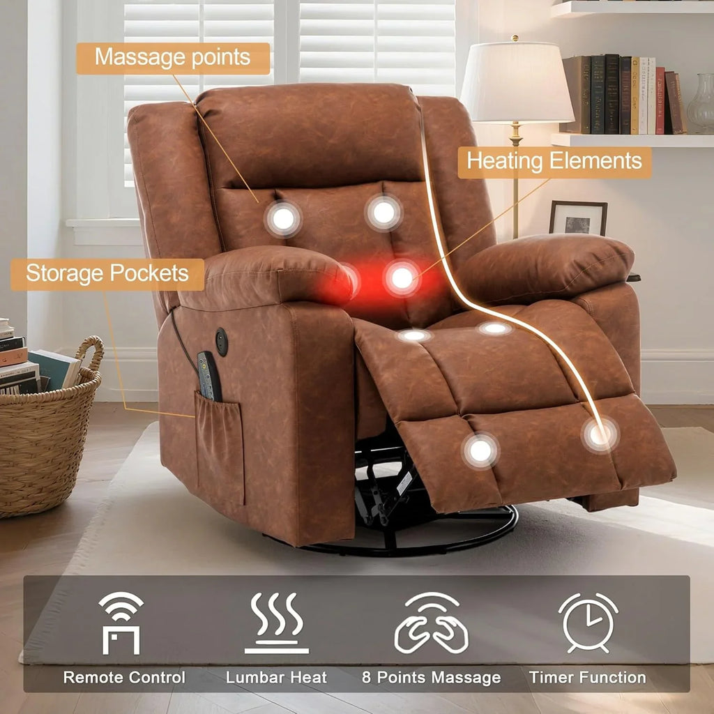 Fauteuil à bascule pour adulte, fauteuil inclinable coulissant, fauteuil à bascule rotatif à 360° avec fonction massage et chauffage