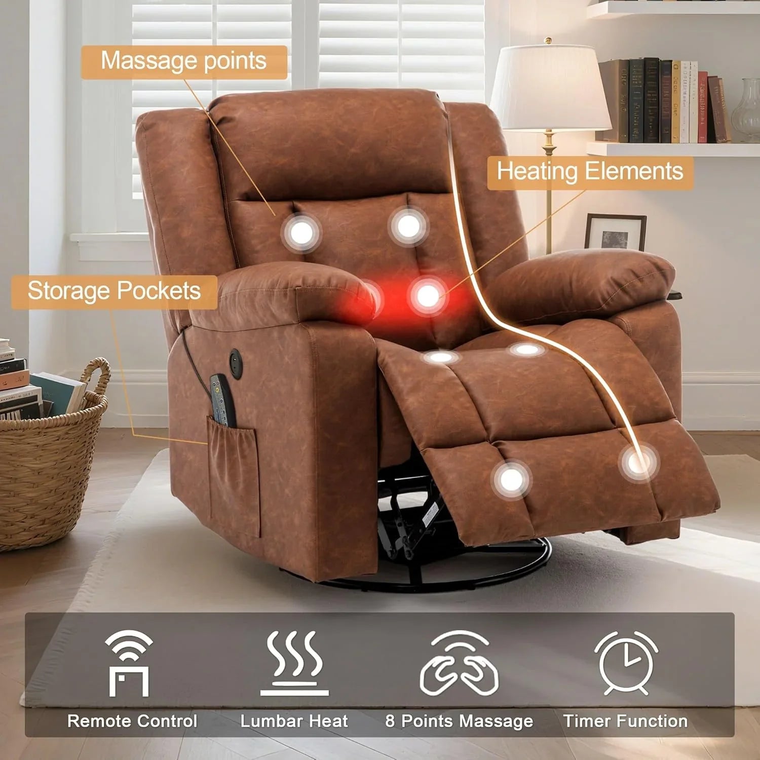 Fauteuil à bascule pour adulte, fauteuil inclinable coulissant, fauteuil à bascule rotatif à 360° avec fonction massage et chauffage