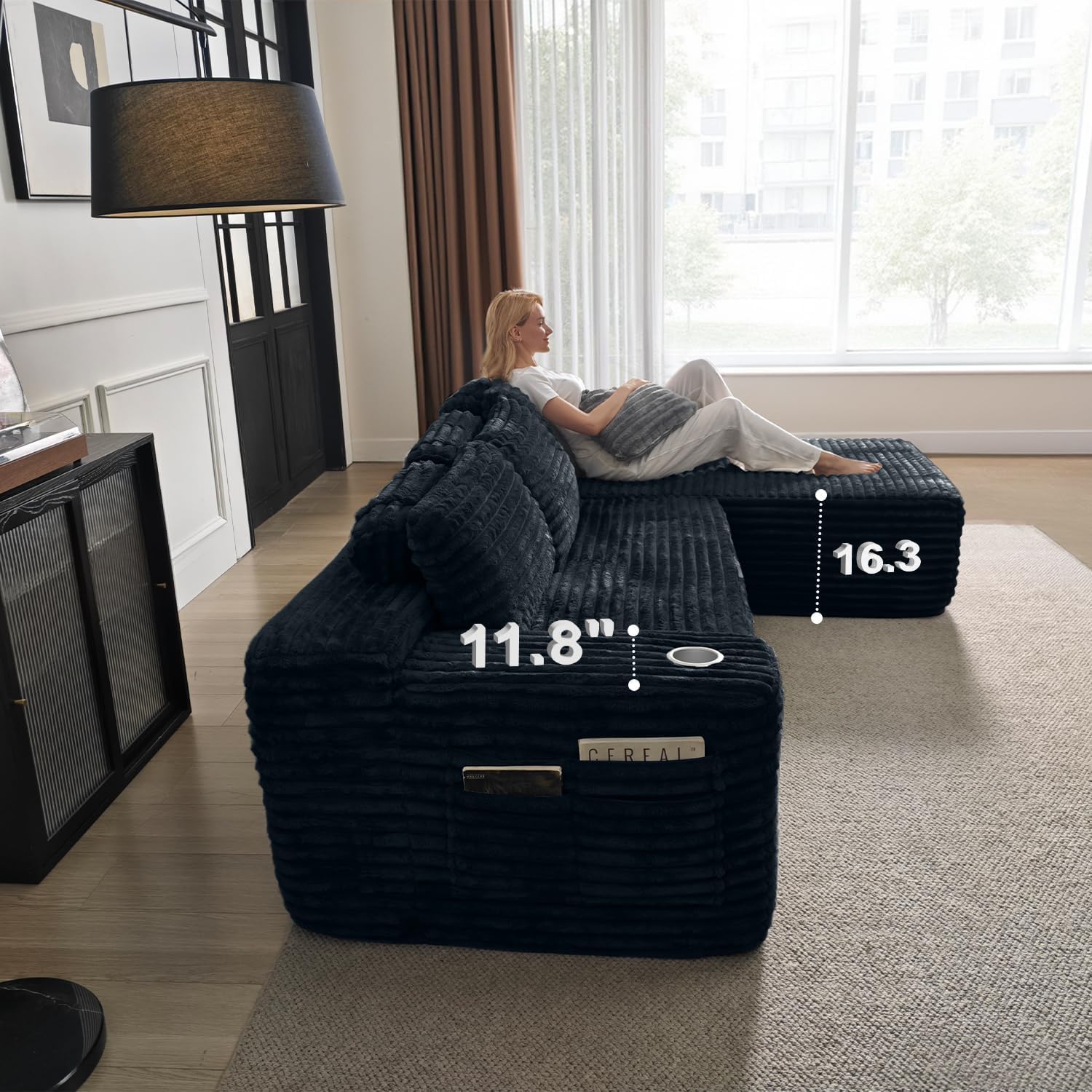 Cloud section sofa with L-shaped recliner, modern modular sofa, built-in cup holder