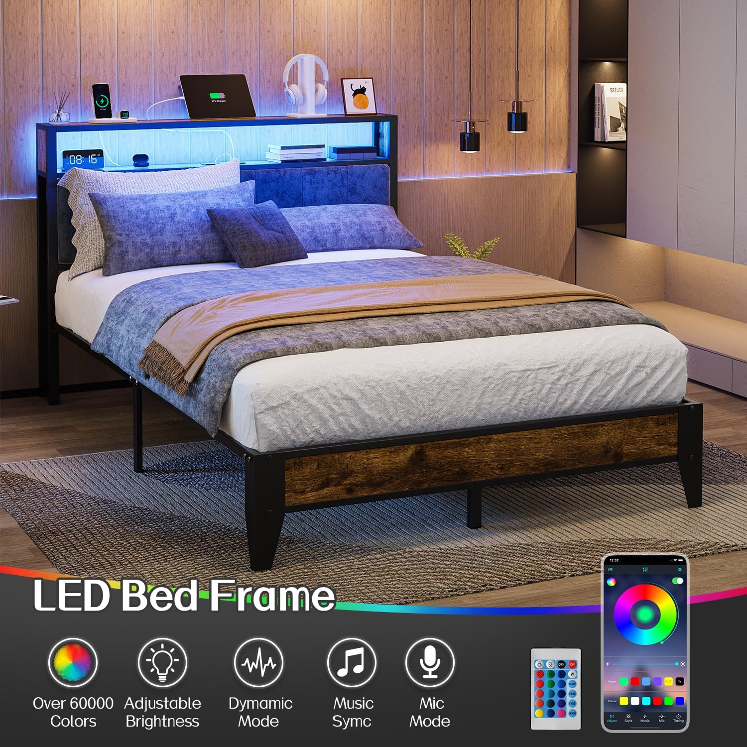 Cadre de lit simple OLEVS avec tête de lit et station de charge de type C