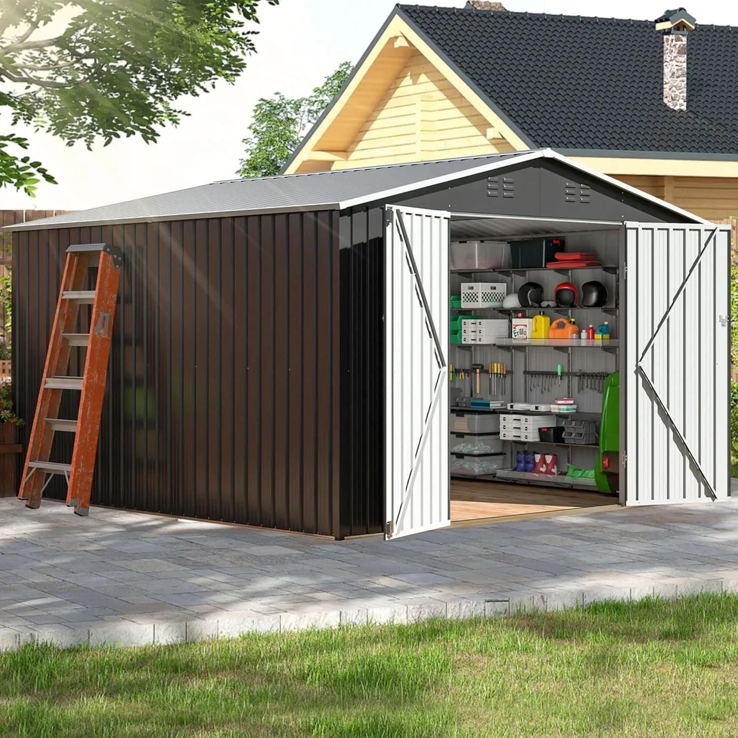 Abri de jardin extérieur Polar Aurora 8 x 12 pi, abri de jardin en métal avec structure modernisée, abris à outils pour jardin, terrasse, pelouse, noir