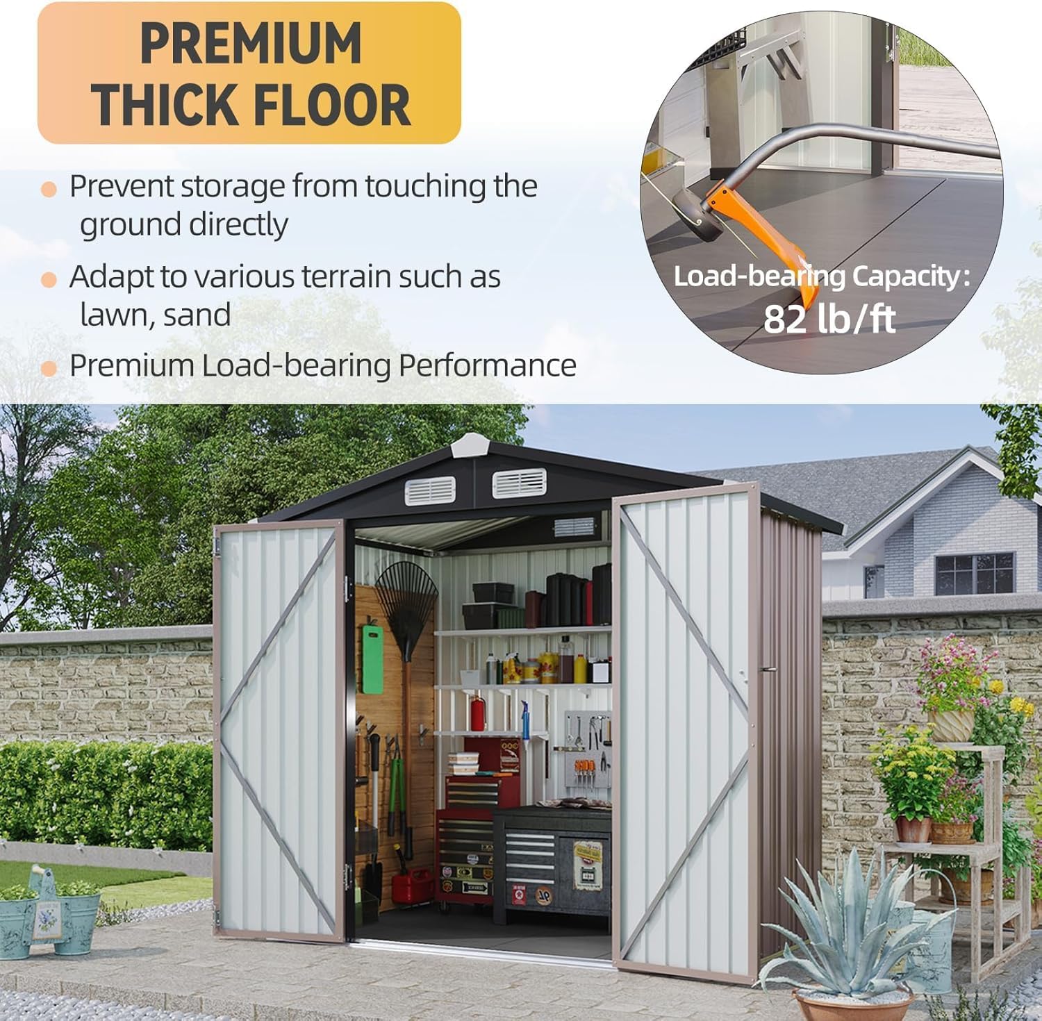 Abri de jardin Aoxun 7,4 x 5,3 pi, plancher en acier galvanisé, abri de jardin en métal, portes doubles