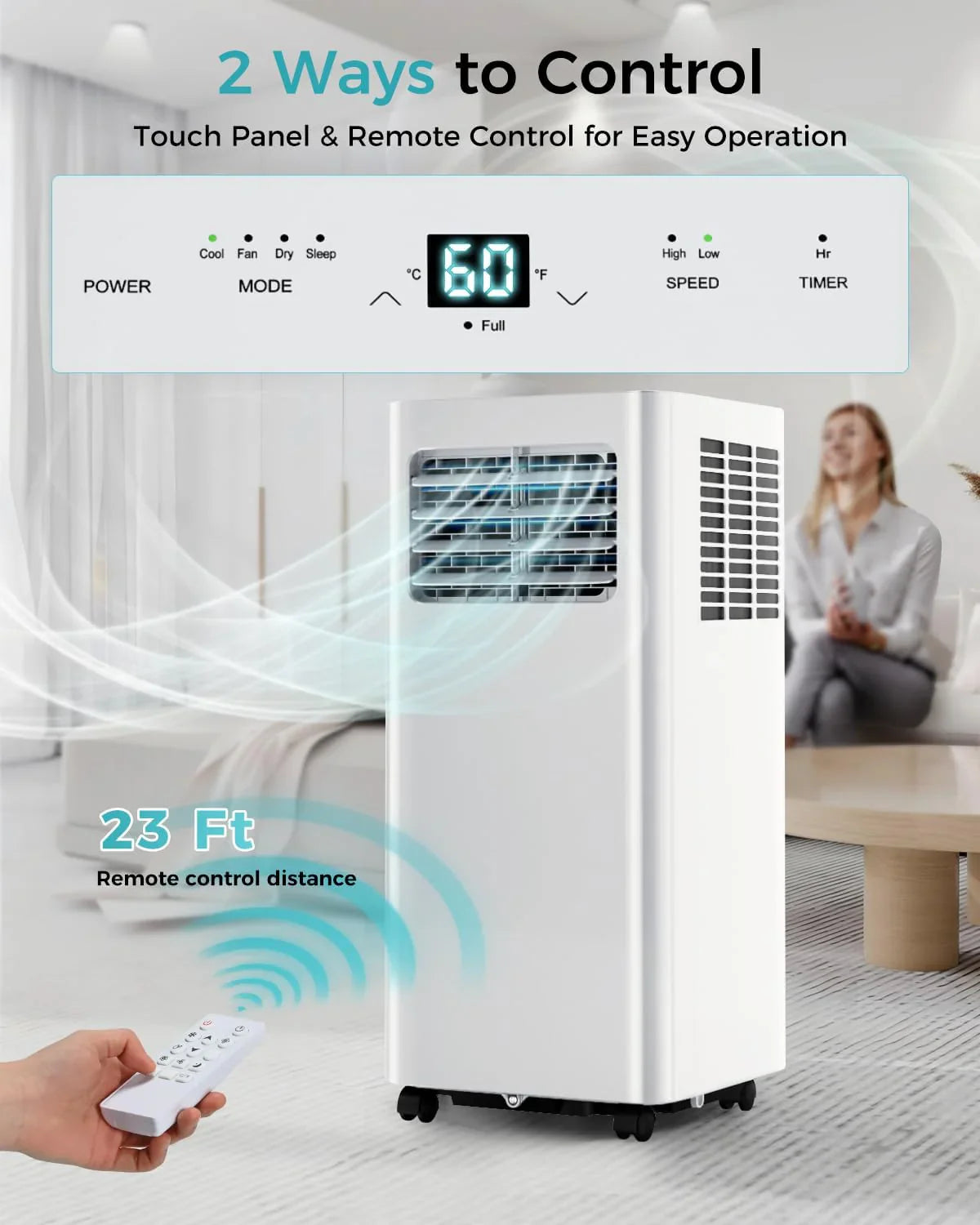 Climatiseur portatif 8 000 BTU - Unité de climatisation 3 en 1 avec télécommande, refroidissement ultra-silencieux pour pièces jusqu'à 350 pi², minuterie 24 h, mode veille