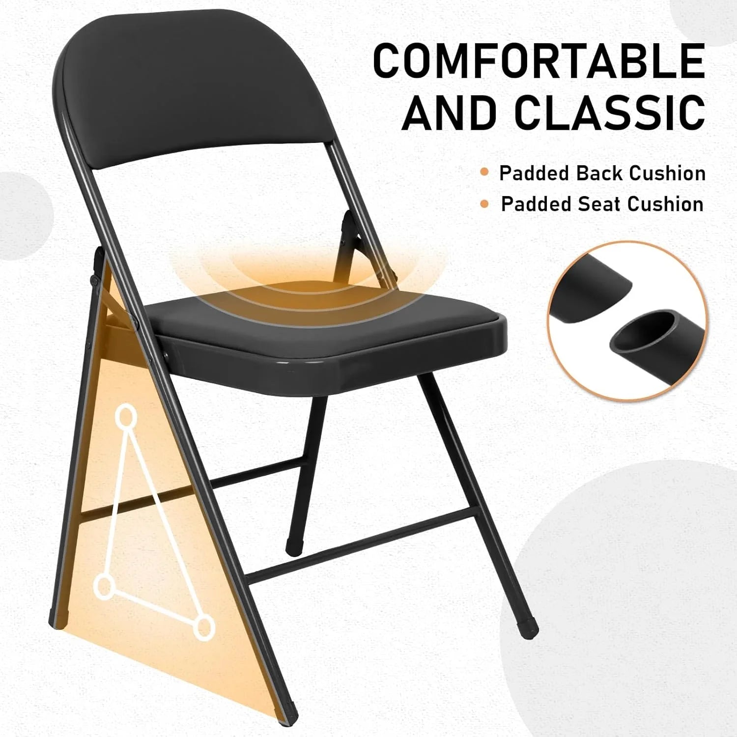 Lot de 6 chaises pliantes noires avec chaises en cuir pour événements intérieurs et extérieurs, chaises rembourrées pour bureau, mariage, fête