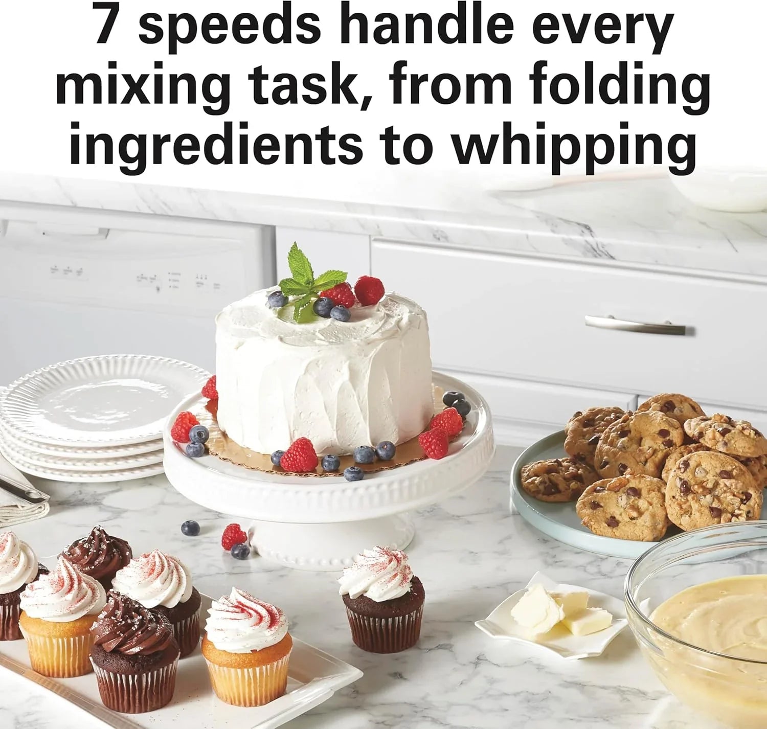 Batteur sur socle électrique Hamilton Beach, 4 litres, crochet pétrisseur, batteur plat, protection anti-éclaboussures, 7 vitesses avec fouet