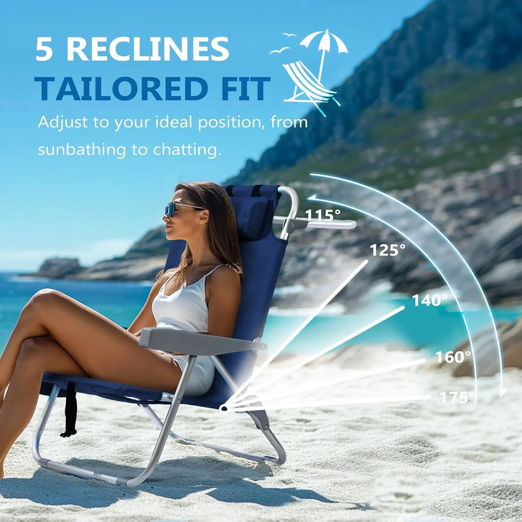 Lot de 2 chaises de plage compactes et portables pour adultes, en aluminium, 5 positions, avec pochette isotherme