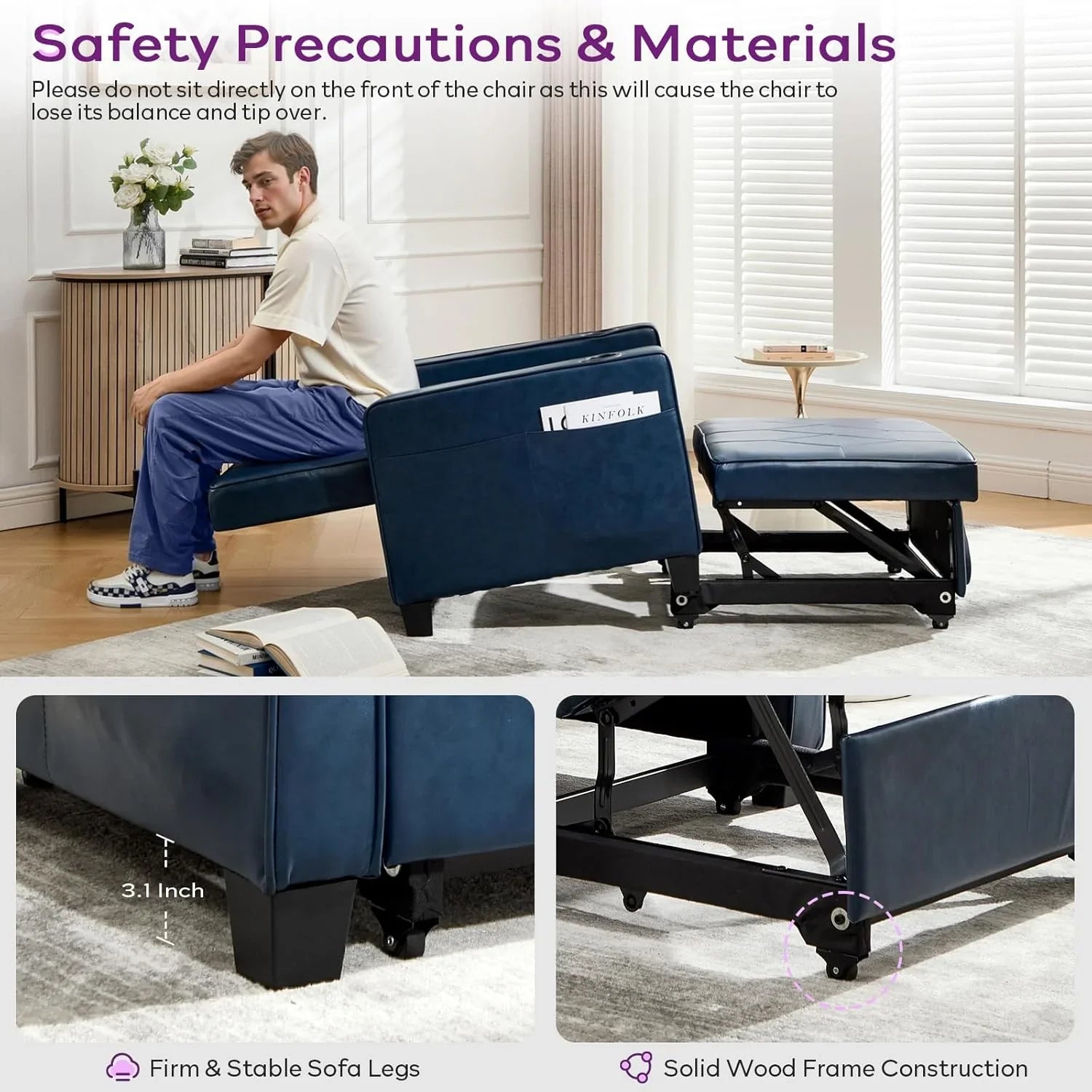 Fauteuil convertible pour adulte, canapé-lit gigogne 3 en 1 avec ports USB/Type-C, porte-gobelets, poches latérales, canapé simple