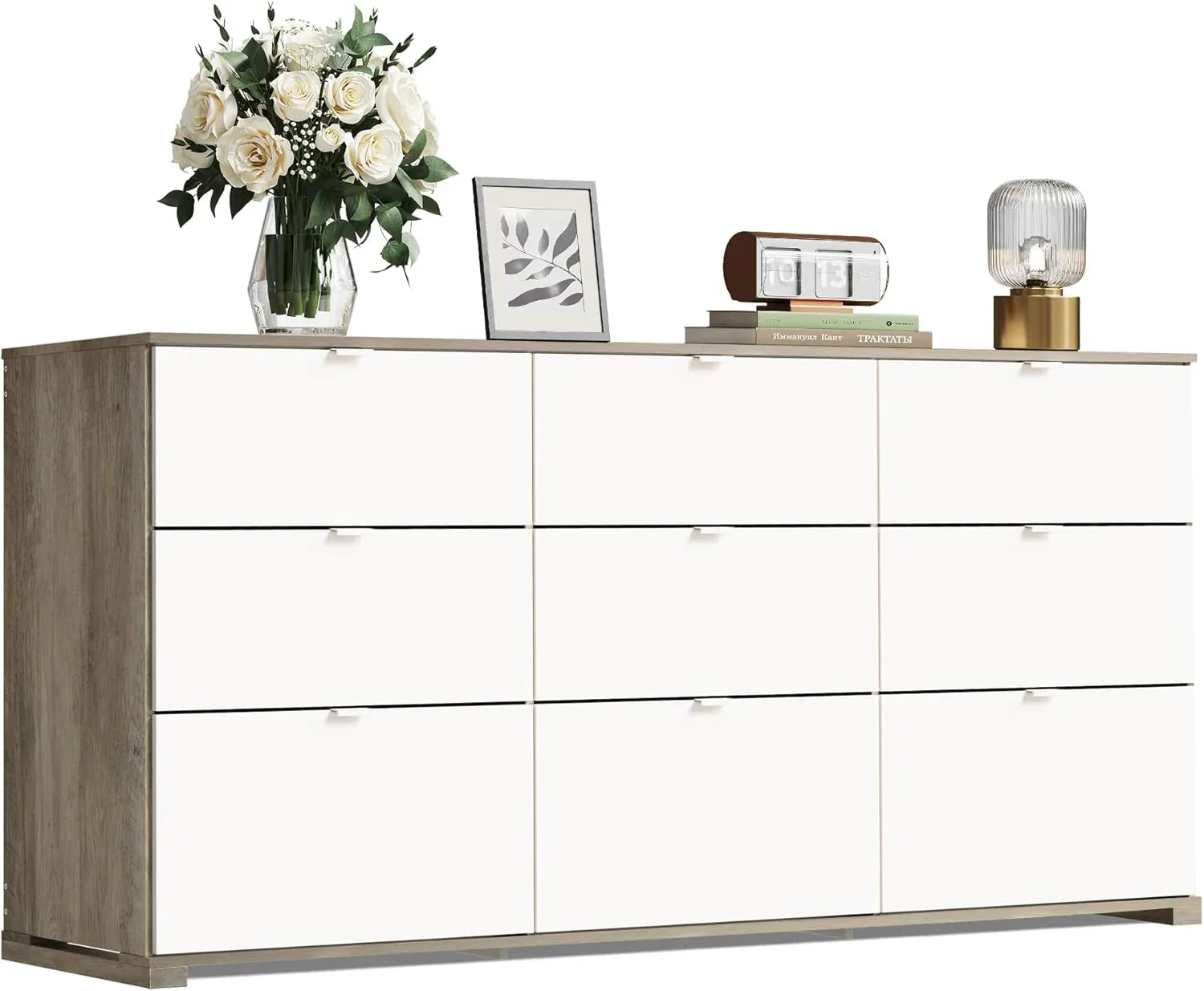 Commode LED à 9 tiroirs pour chambre à coucher, 148 cm de large, organiseur de rangement en bois avec prise électrique