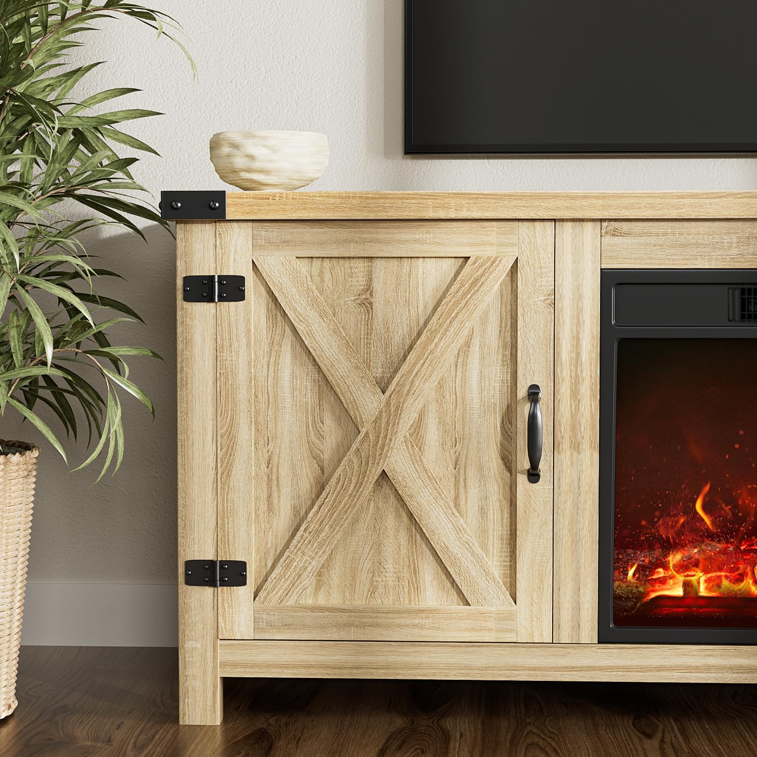 YESHOMY tv-meubel met open haard en twee schuifdeuren, opbergkasten voor tv's tot 65 inch en groter, entertainmentmeubel, mediameubel voor de woonkamer, 58 inch 