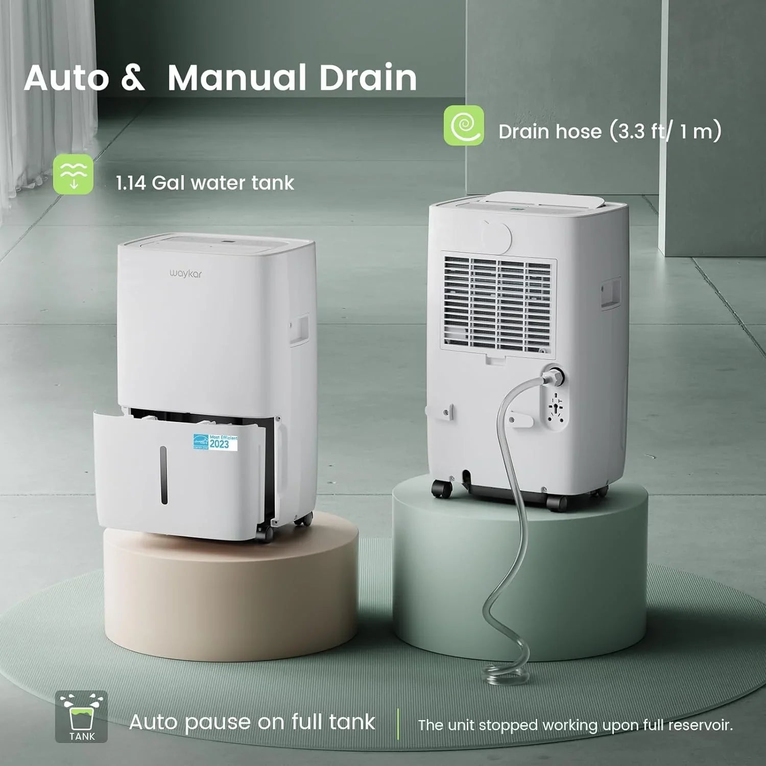 Déshumidificateur Waykar de 2 000 pi² pour la maison et les sous-sols, avec drainage automatique ou manuel, réservoir d'eau de 0,66 gallon