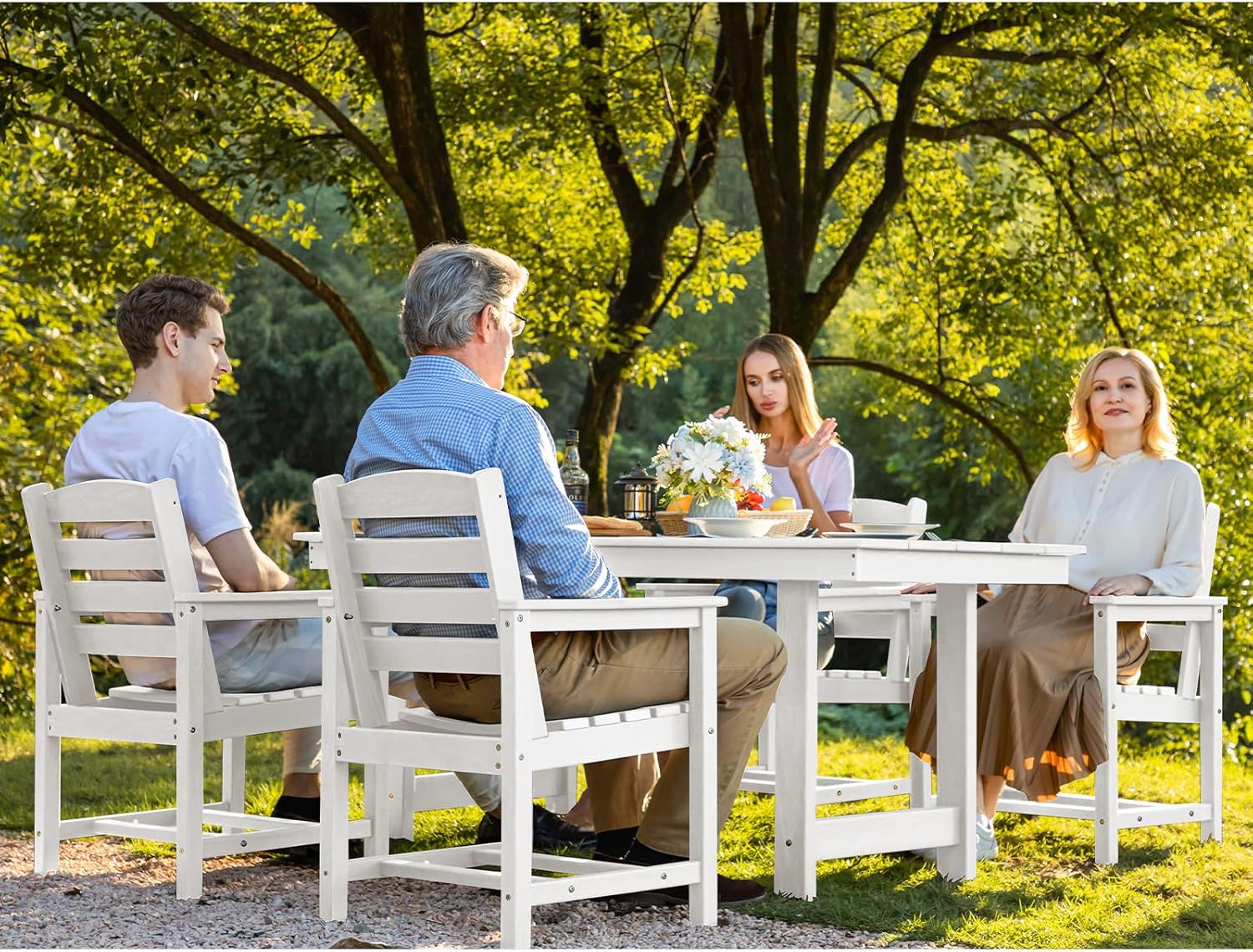 Ensemble de salle à manger d'extérieur en PEHD, 7 pièces, avec table découpée pour parasol et 6 chaises