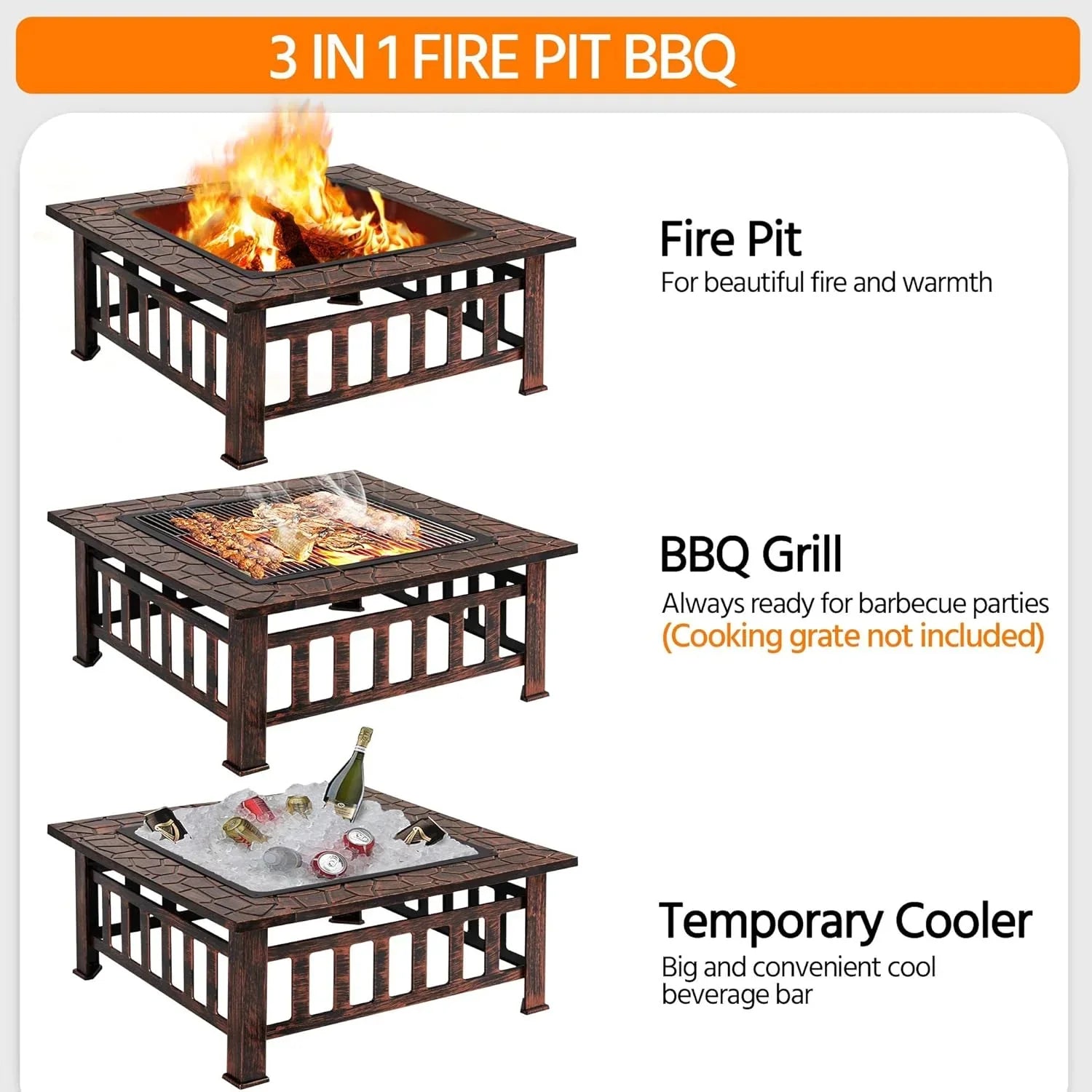 Yaheetech Table de foyer multifonctionnelle 32 pouces carré en métal foyer poêle arrière-cour patio jardin cheminée pour camping, chauffage extérieur, feu de joie et pique-nique