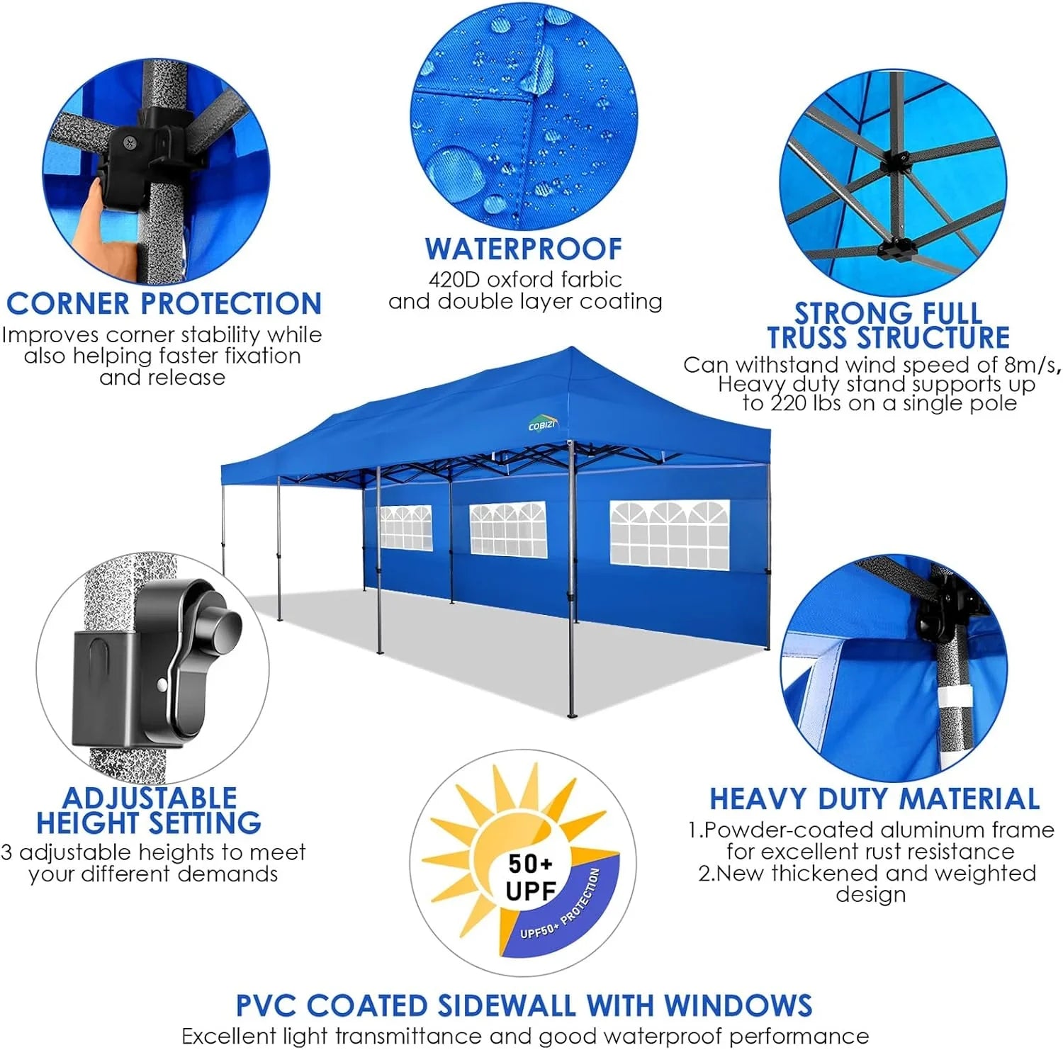 Tente pop-up robuste COBIZI 10x20 avec 6 parois latérales, facile à installer