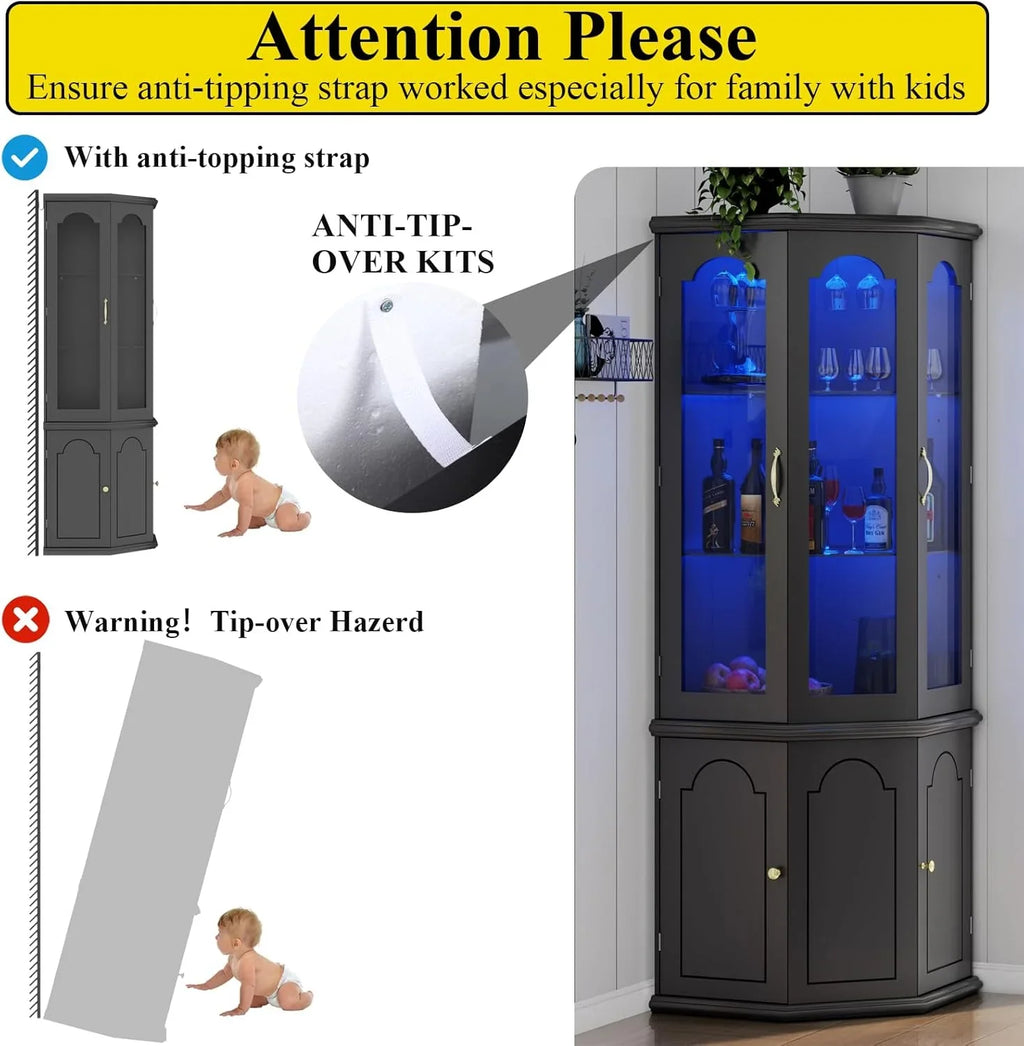 Armoire à vin d'angle avec éclairage LED, grande armoire à vin moderne, armoire de rangement à vin pour bar à domicile