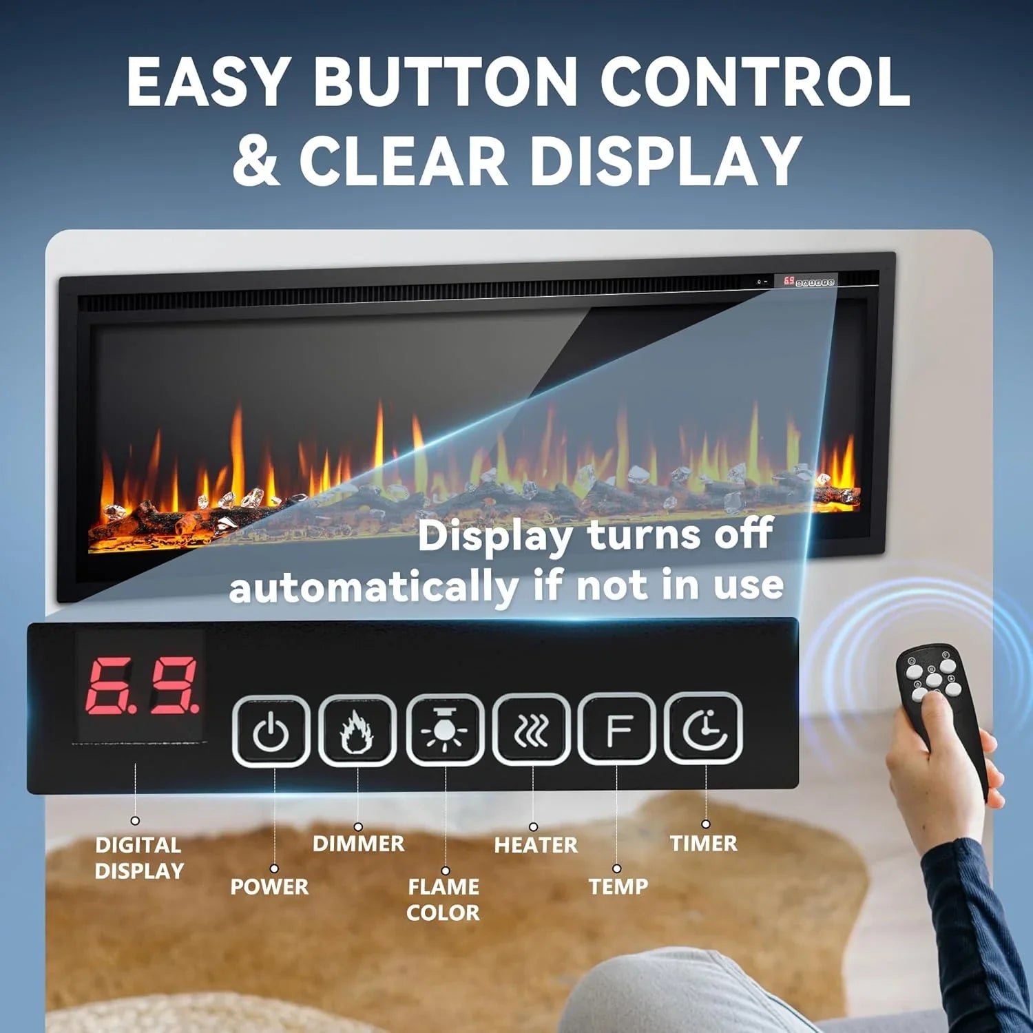 EUHOMY Cheminée électrique encastrée et murale de 50 pouces avec couleur de flamme réglable, chauffage de cheminée avec télécommande, cheminée linéaire avec minuterie, écran tactile, bûche et cristal, 750/1500 W