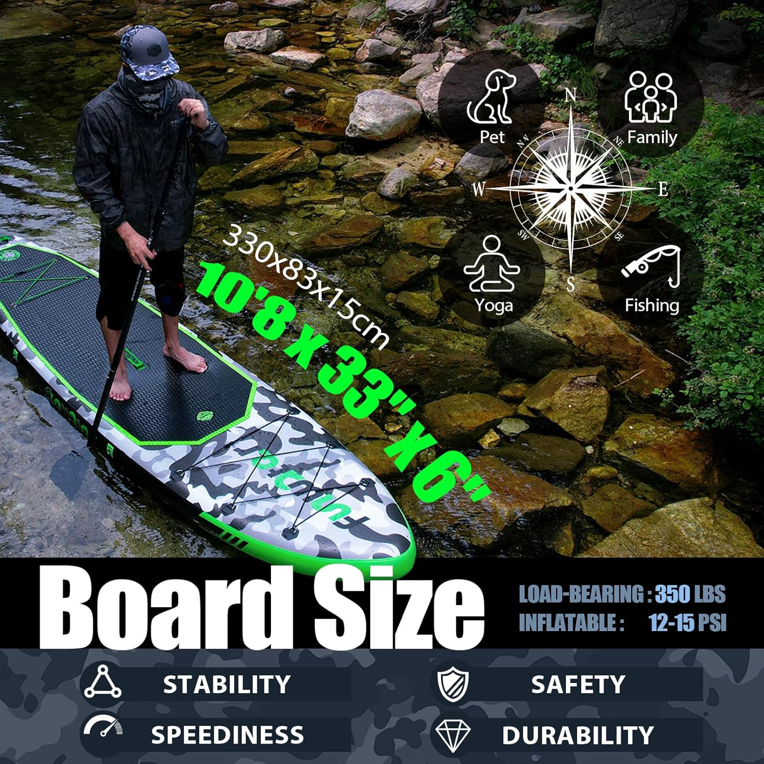 Planche de stand up paddle gonflable FunWater avec accessoires de pagaie SUP haut de gamme, pont EVA antidérapant, pagaie 11'/10'6'