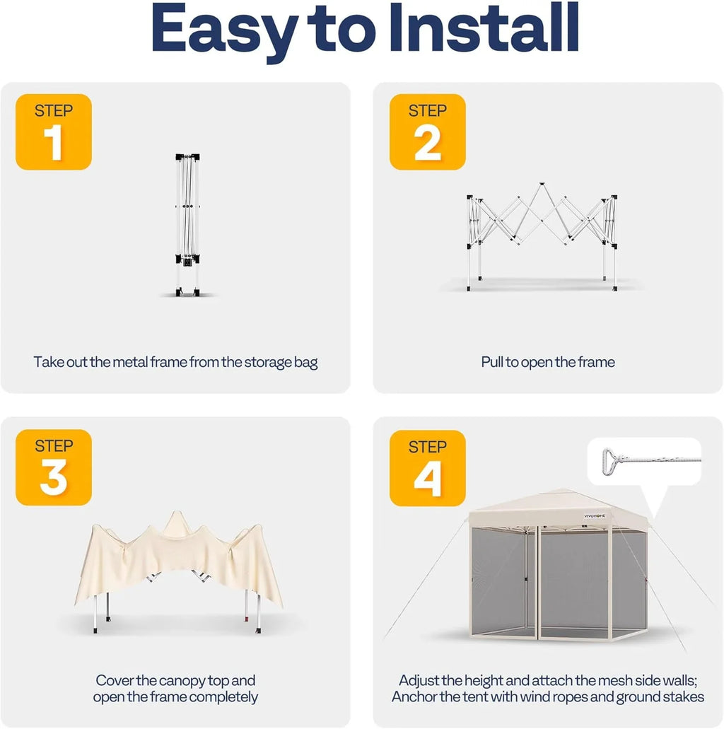 Auvent escamotable facile à monter de 10 x 10 pieds, tente moustiquaire d'extérieur avec moustiquaire, 2 portes à glissière et sac à roulettes