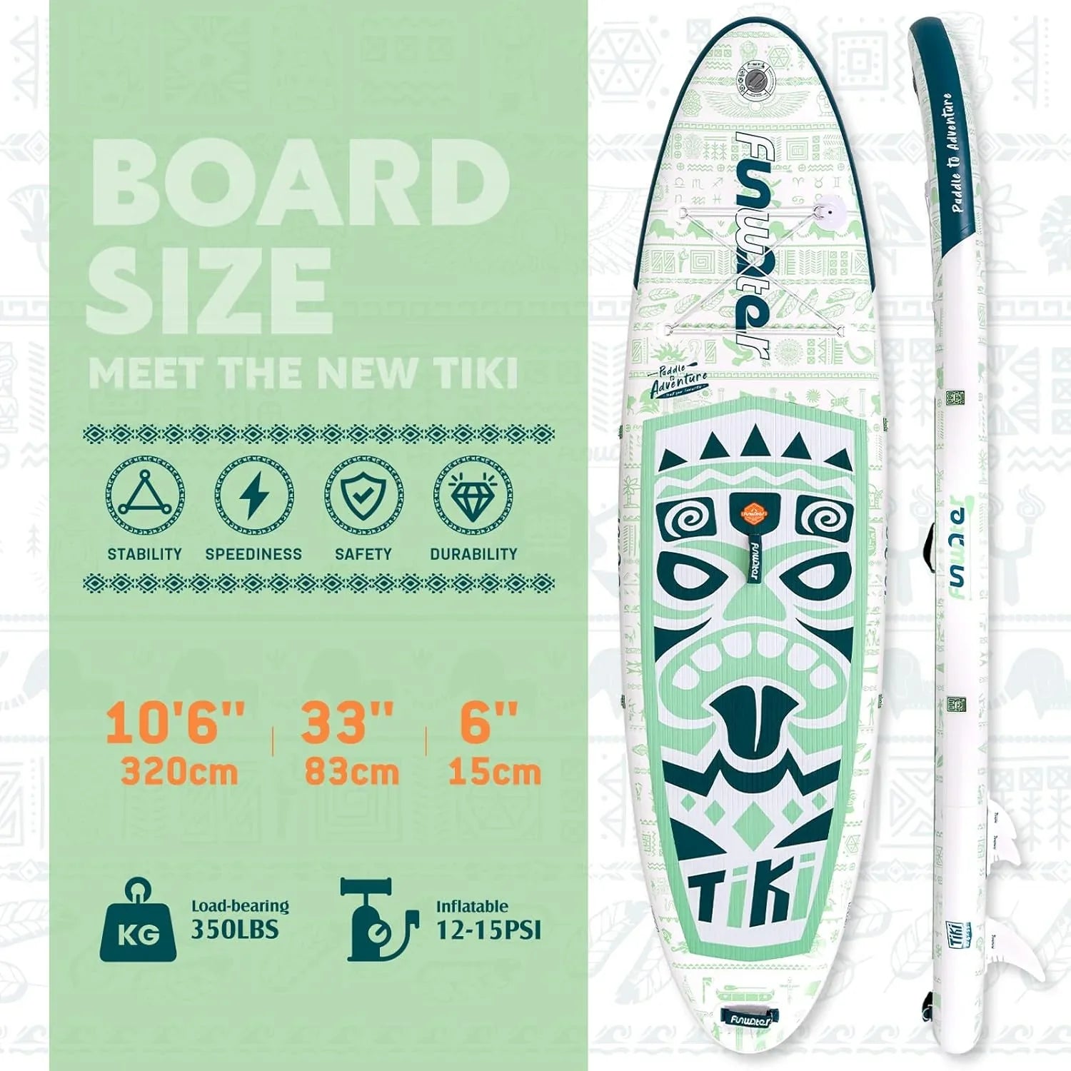 Planche de stand up paddle gonflable FunWater avec accessoires de pagaie SUP haut de gamme, pont EVA antidérapant, pagaie 11'/10'6'