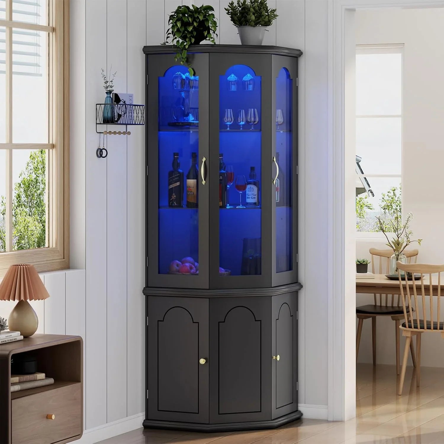 Armoire à vin d'angle avec éclairage LED, grande armoire à vin moderne, armoire de rangement à vin pour bar à domicile