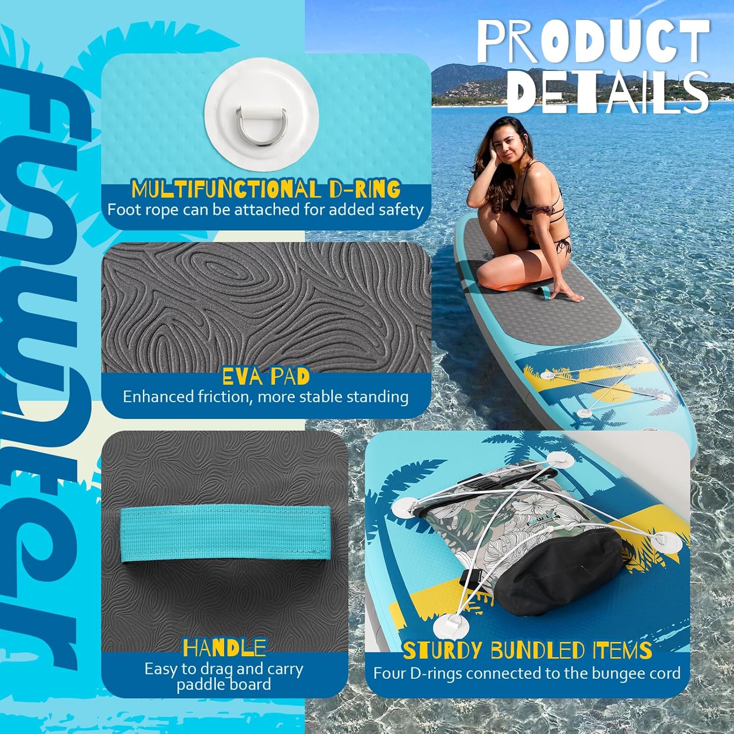 Planche de stand up paddle gonflable FunWater avec accessoires de pagaie SUP haut de gamme, pont EVA antidérapant, pagaie 11'/10'6'