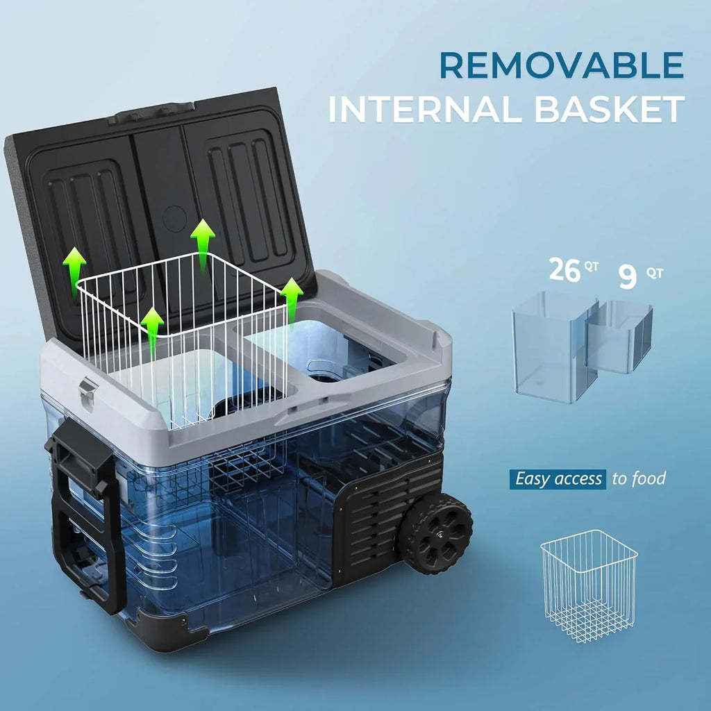 Réfrigérateur EUHOMY 12V, 53 qt (50 litres) Congélateur électrique Congélateur portable 12V Congélateur avec roulettes et 2 paniers