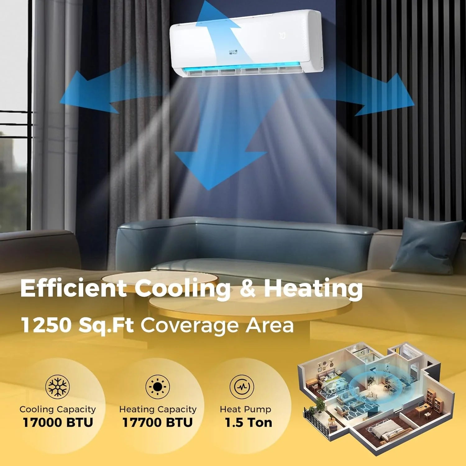 Climatiseur et chauffage mini-split Costway 12 000 BTU, 20 SEER2 115 V, unité de climatisation murale sans conduit, refroidit les pièces jusqu'à 750 pi²