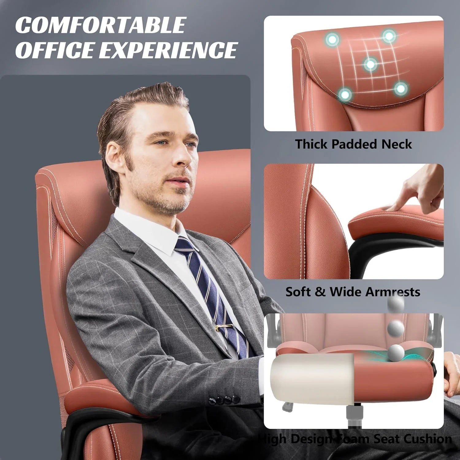 Chaise de bureau pivotante à pieds hauts, en cuir respirant, avec support lombaire