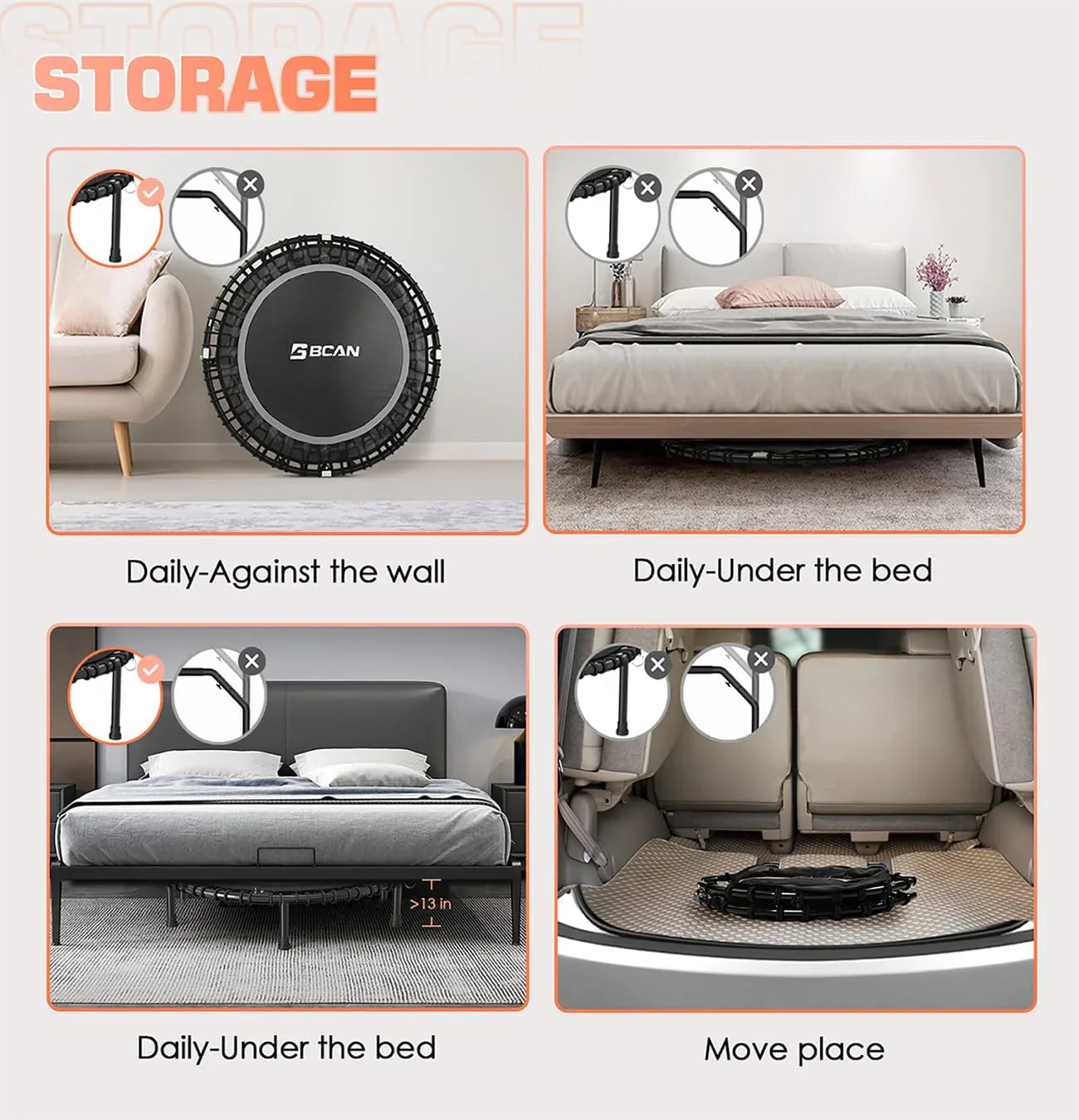 Mini-trampoline pliable BCAN 450/550 lb, trampoline de fitness 40"/48" stable et silencieux