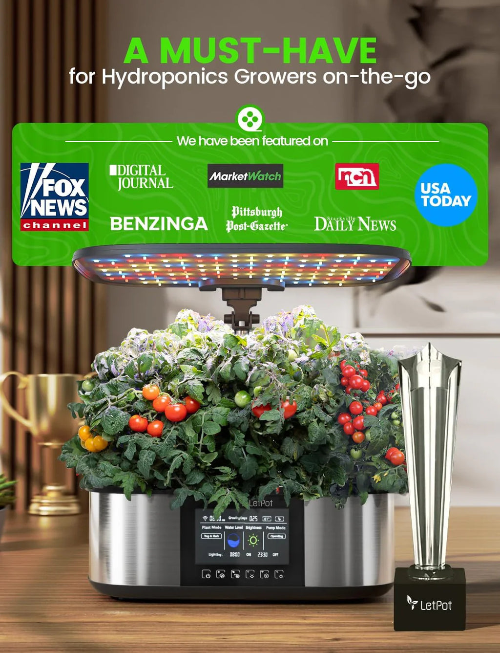 Système de plantation hydroponique, jardin d'intérieur intelligent pour 12 herbes aromatiques, contrôle par application et Wi-Fi, avec LED de croissance 24 W, réservoir d'eau 5,5 L, système de pompage et minuterie automatique.