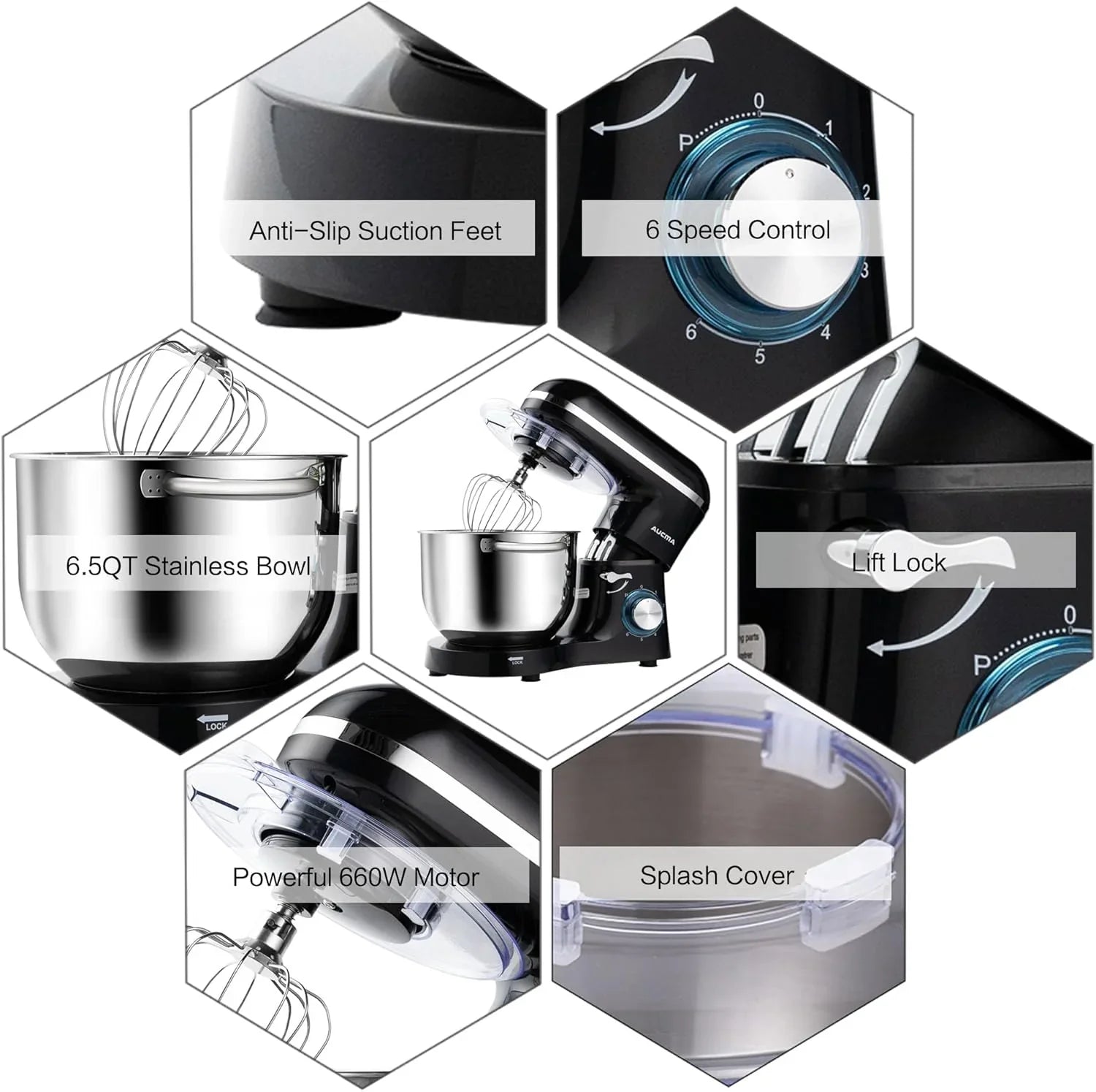 Batteur sur socle Aucma, 6,5 pintes, 660 W, 6 vitesses, tête inclinable, batteur électrique de cuisine avec crochet pétrisseur