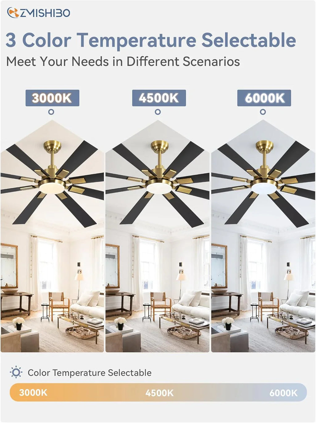 Grand ventilateur de plafond Zmishibo de 72 pouces avec éclairage et télécommande intérieur/extérieur